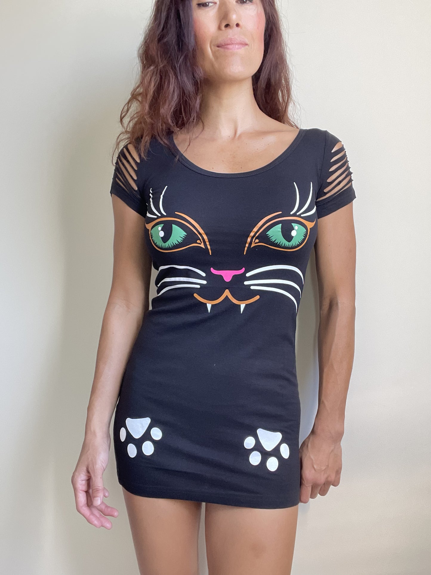 Black Cat Neko Print Shouder Cut Out Extra Length Top