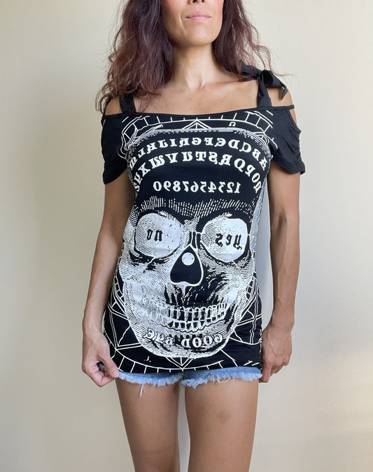 Banned Apparel Skull and Ouija Board cgraphic Print Skull Face Cut Out Open Shoulder Top