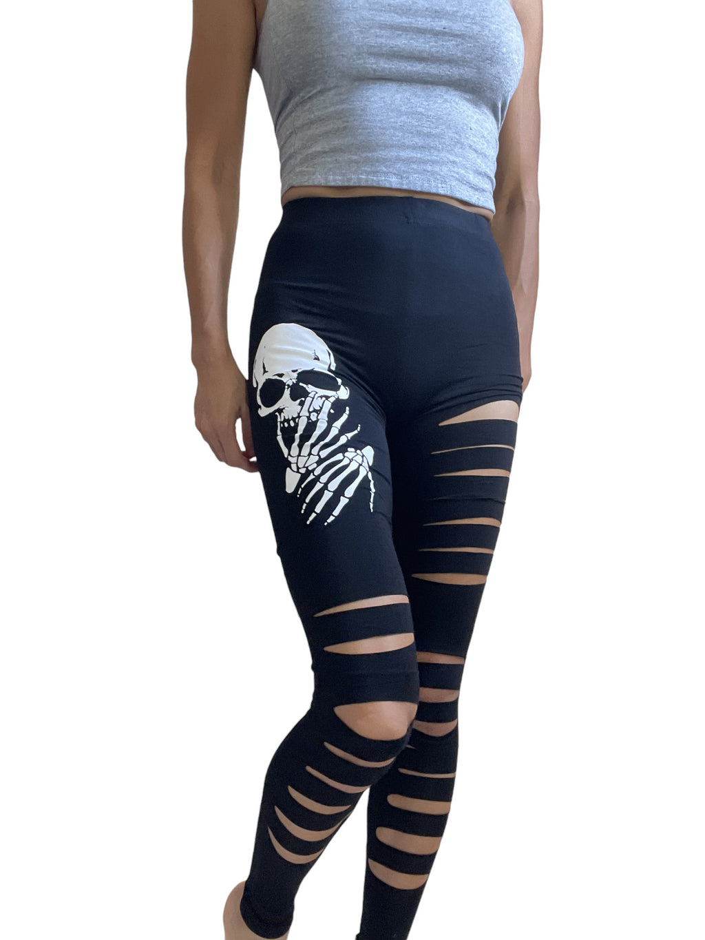 Halloween Spooky Gothic Grunge Skull and Hands Slashed Cutout Ripped Black Leggings - Skelapparel