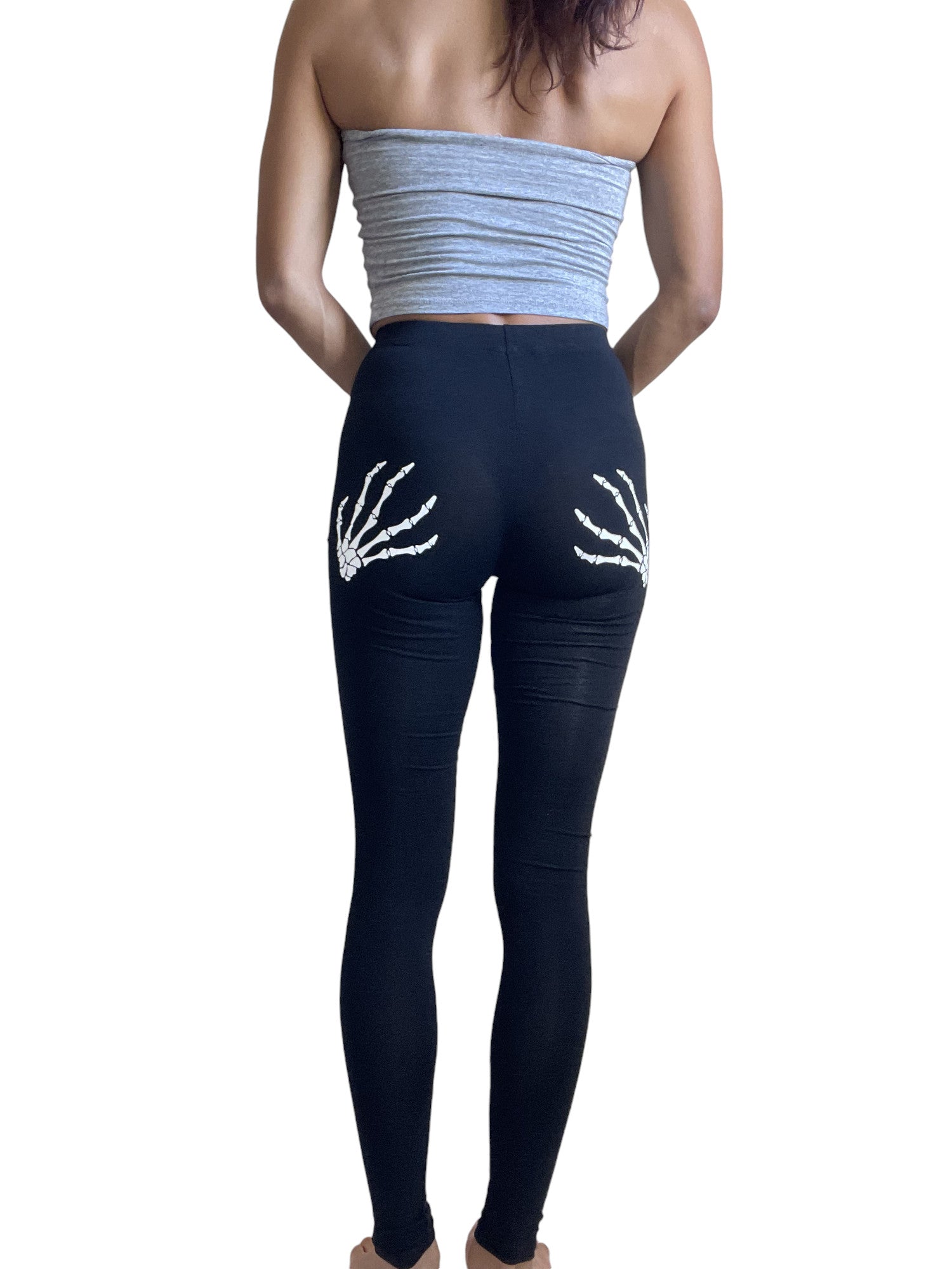 Halloween Spooky Gothic Grunge Skull and Hands Slashed Cutout Ripped Black Leggings - Skelapparel