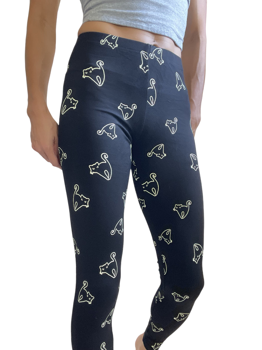 Lost Queen Halloween Scary Black Cat Print Leggings - Skelapparel