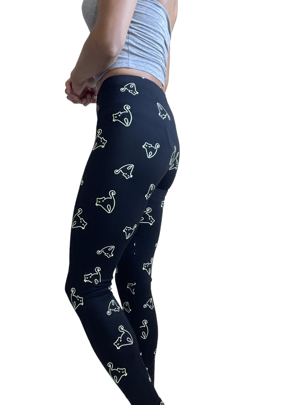 Lost Queen Halloween Scary Black Cat Print Leggings - Skelapparel