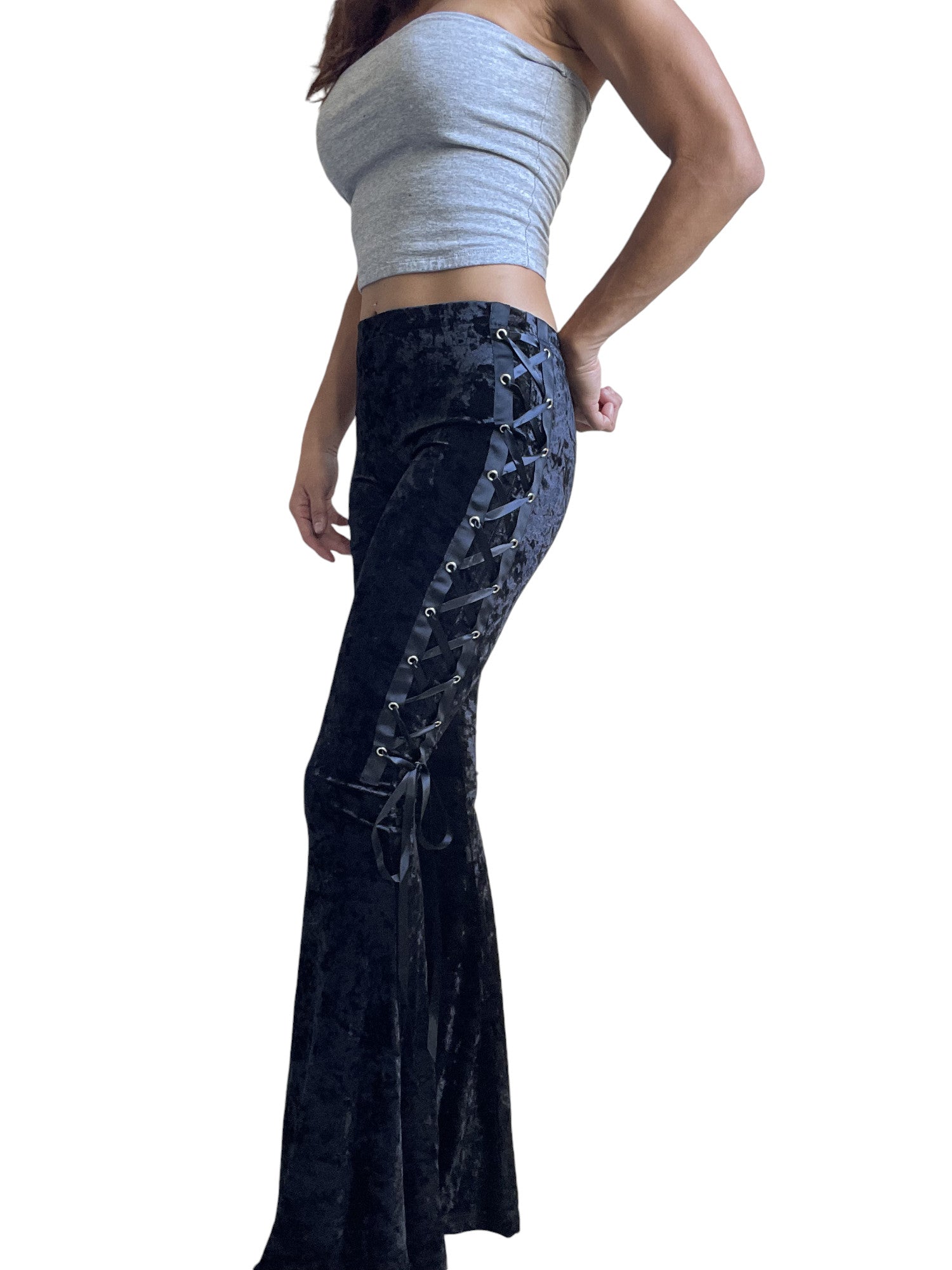 Gothic Black Crushed Velvet Side Corset Bell Bottoms Flared Pants - Skelapparel