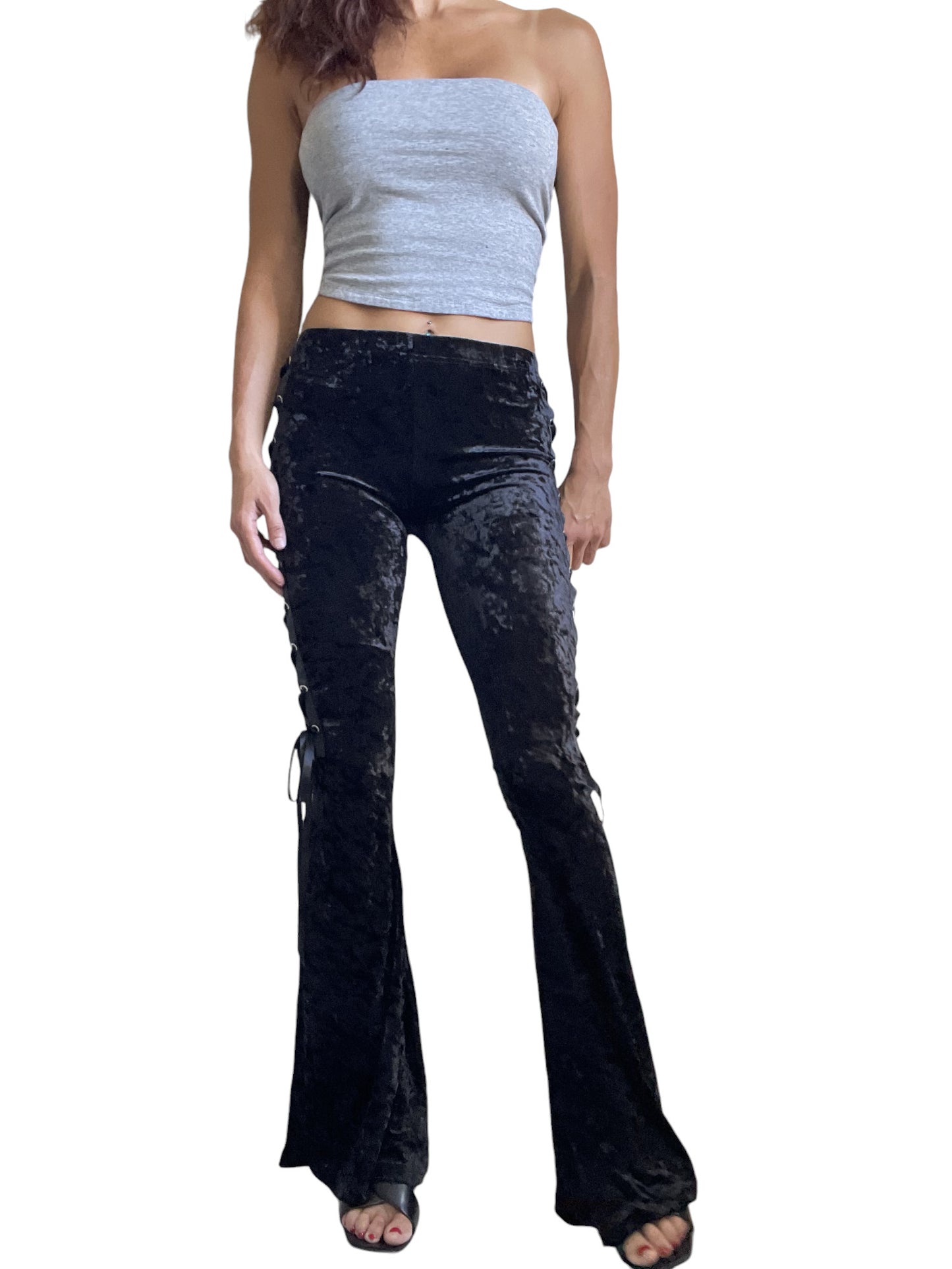 Gothic Black Crushed Velvet Side Corset Bell Bottoms Flared Pants - Skelapparel