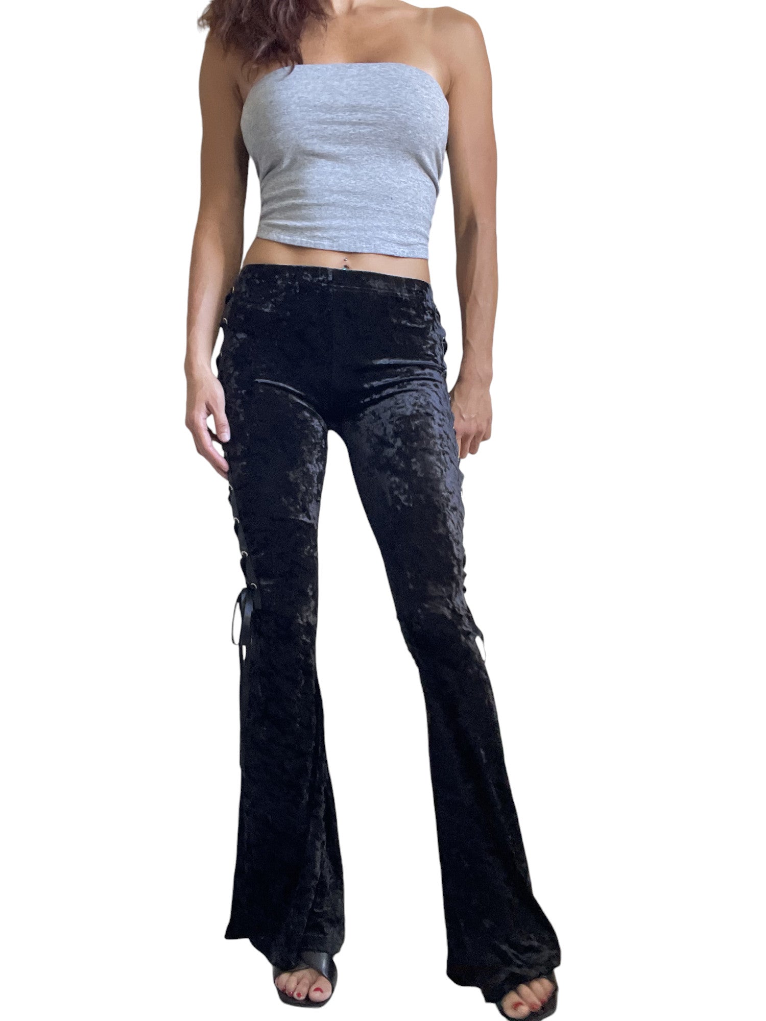 Gothic Black Crushed Velvet Side Corset Bell Bottoms Flared Pants - Skelapparel