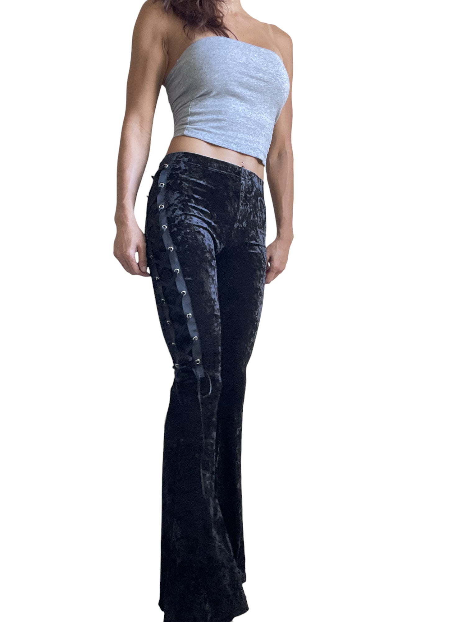 Gothic Black Crushed Velvet Side Corset Bell Bottoms Flared Pants - Skelapparel