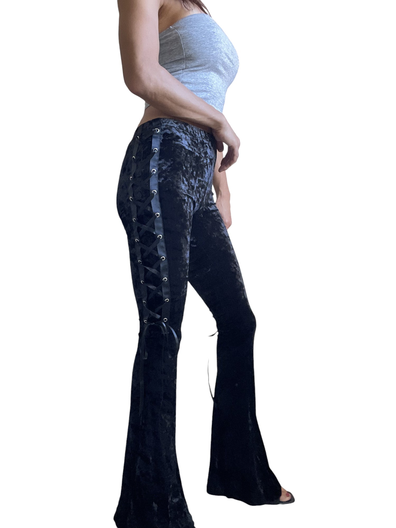 Gothic Black Crushed Velvet Side Corset Bell Bottoms Flared Pants - Skelapparel