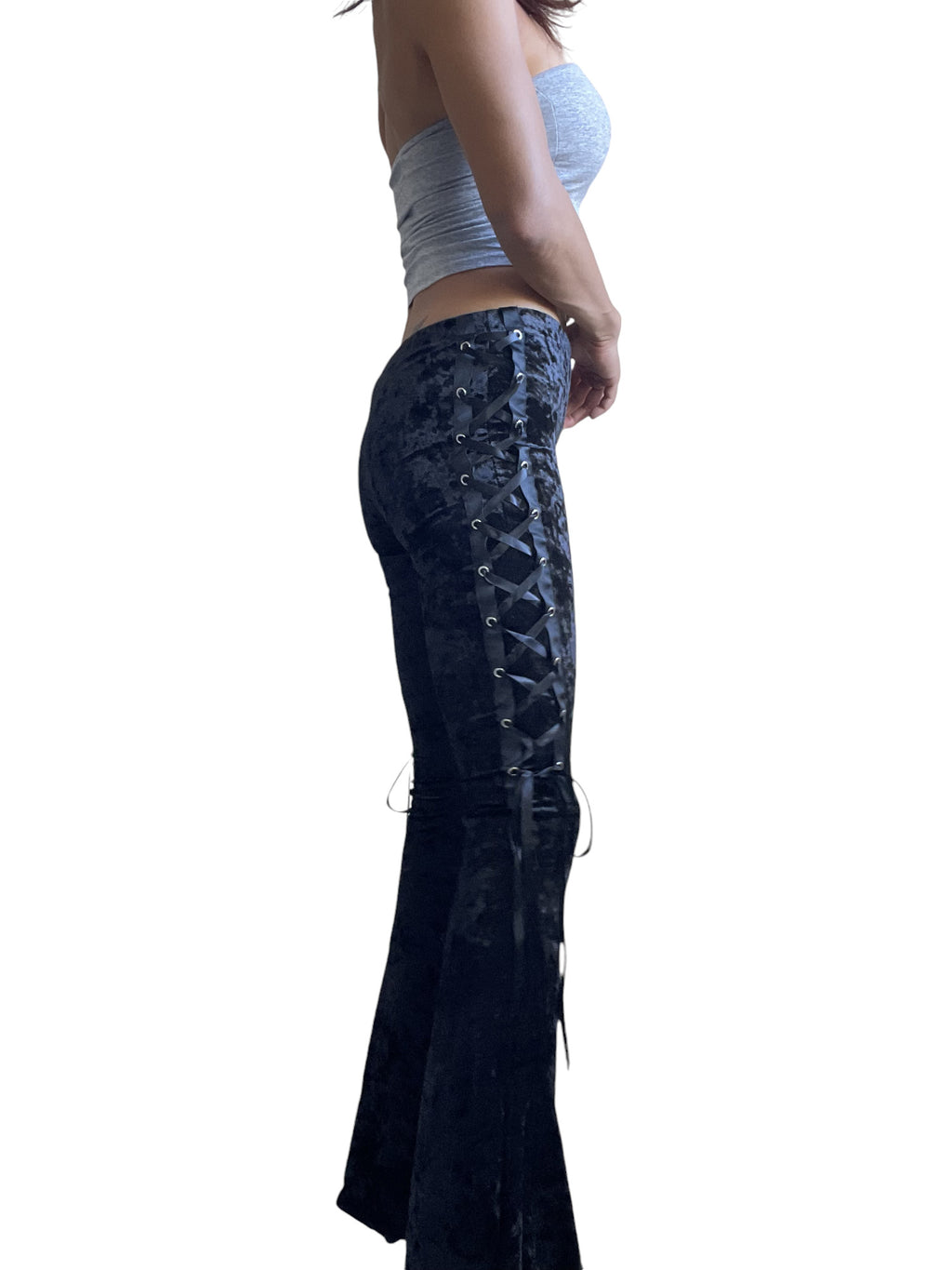 Gothic Black Crushed Velvet Side Corset Bell Bottoms Flared Pants - Skelapparel