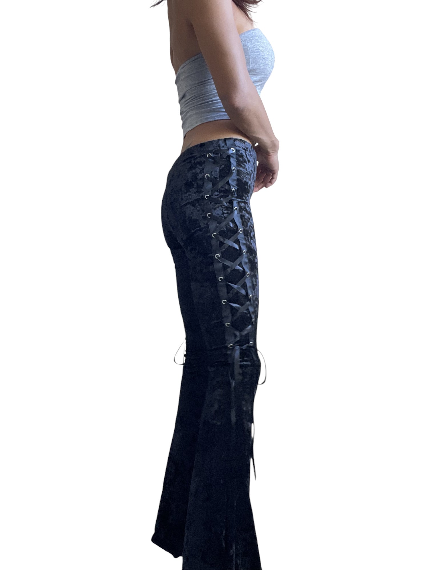 Gothic Black Crushed Velvet Side Corset Bell Bottoms Flared Pants - Skelapparel