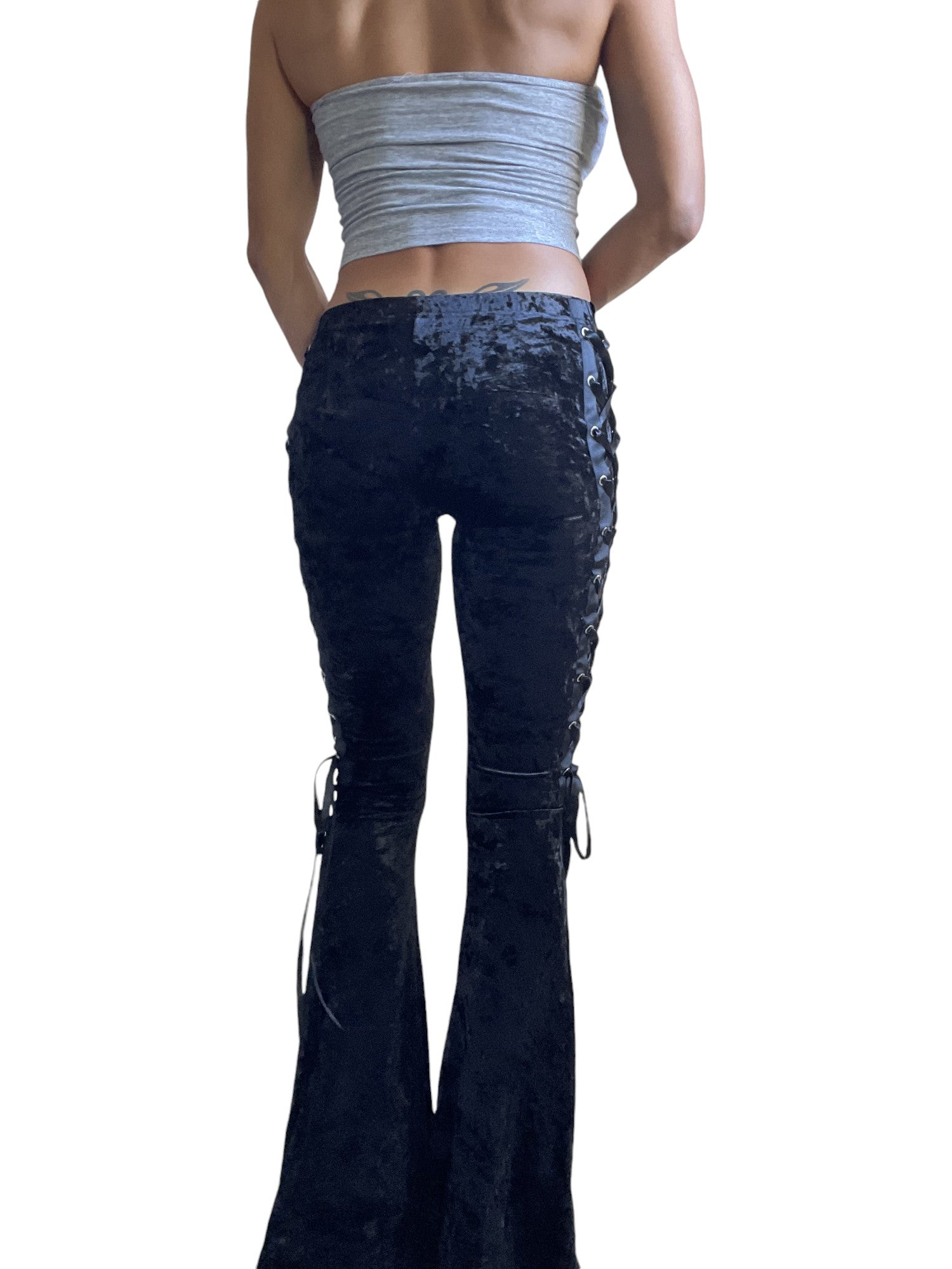 Gothic Black Crushed Velvet Side Corset Bell Bottoms Flared Pants - Skelapparel