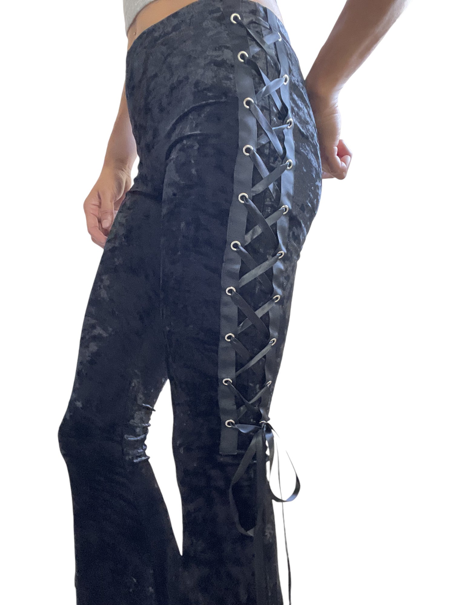 Gothic Black Crushed Velvet Side Corset Bell Bottoms Flared Pants - Skelapparel
