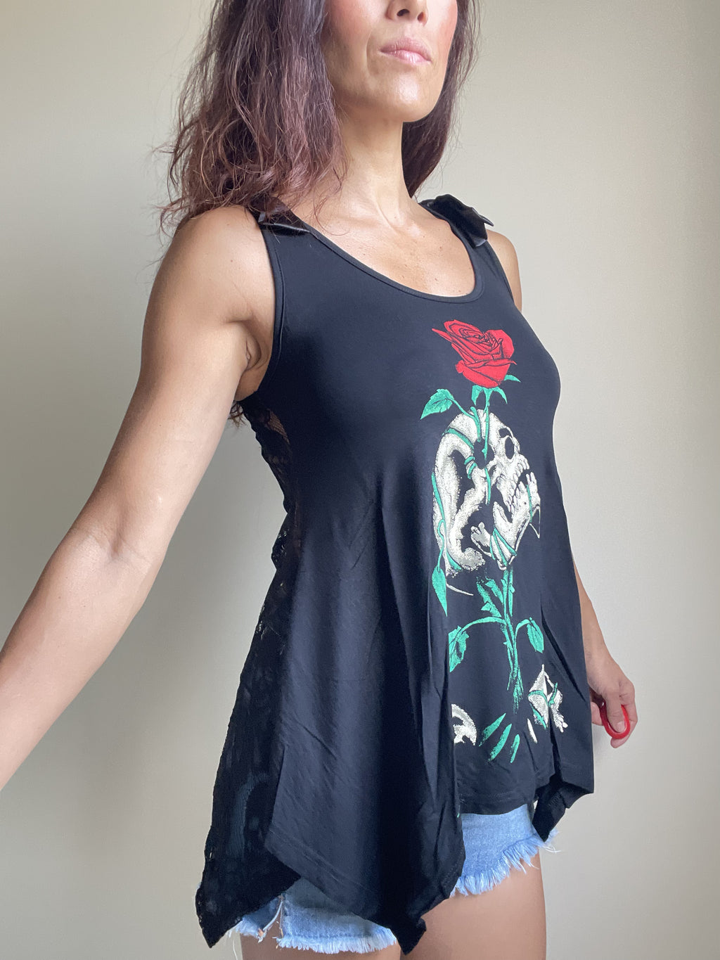 Gothic Skull & Red Rose " Reborn" Black skull Lace Flowy Tank top - Skelapparel