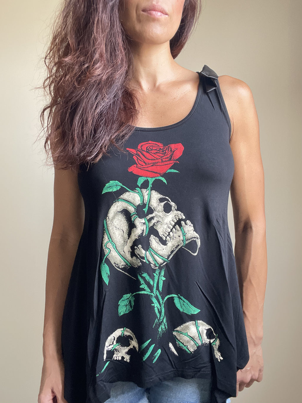 Gothic Skull & Red Rose " Reborn" Black skull Lace Flowy Tank top - Skelapparel