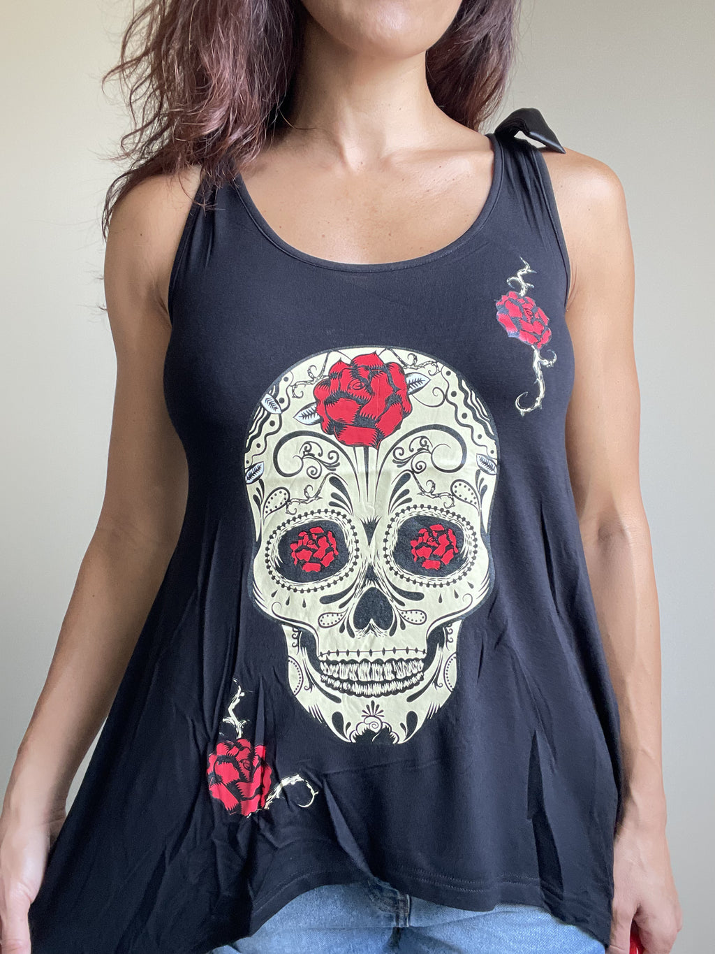 Sugar Skull and roses Black skull Lace Flowy Tank top - Skelapparel