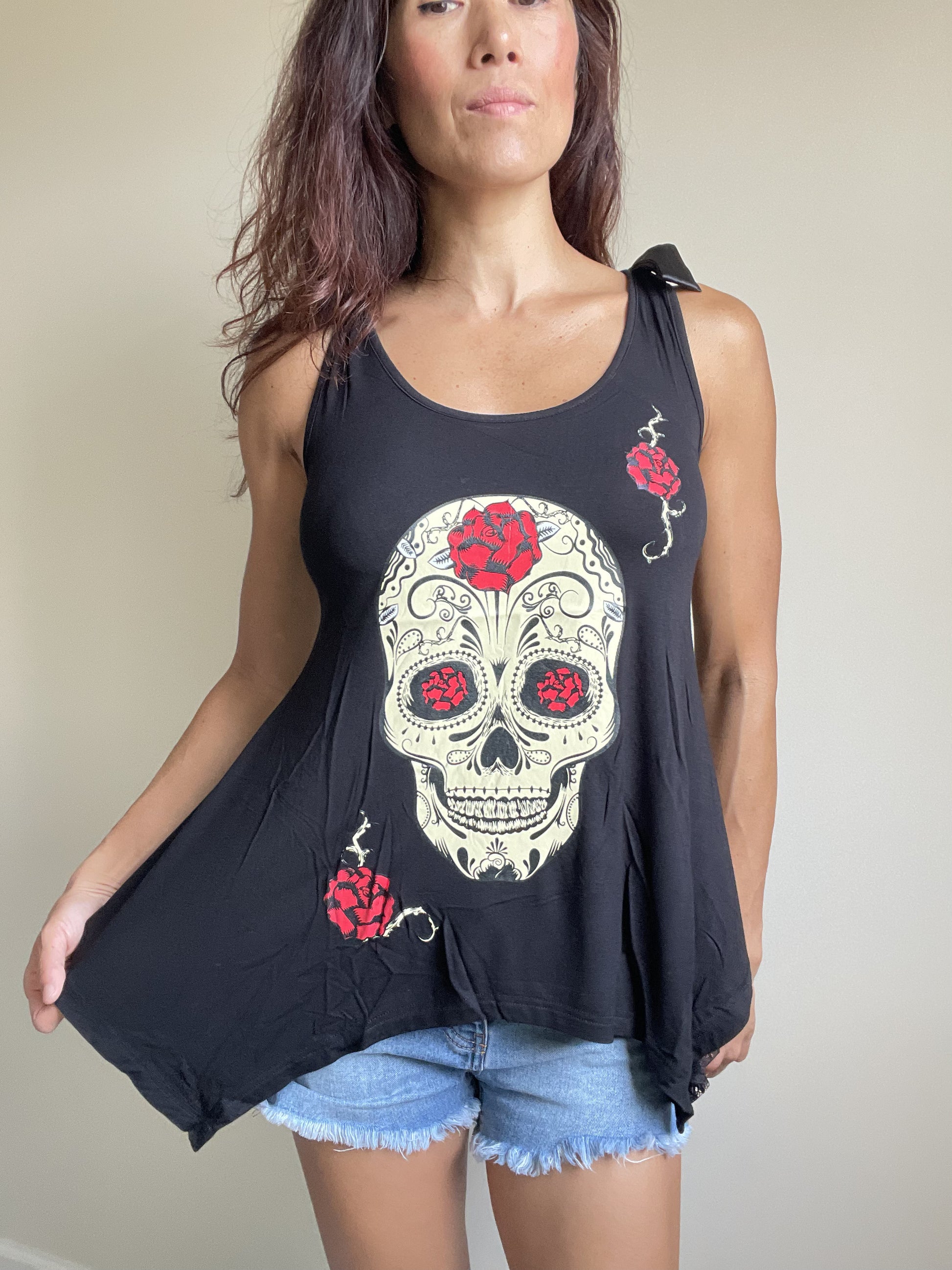 Sugar Skull and roses Black skull Lace Flowy Tank top - Skelapparel