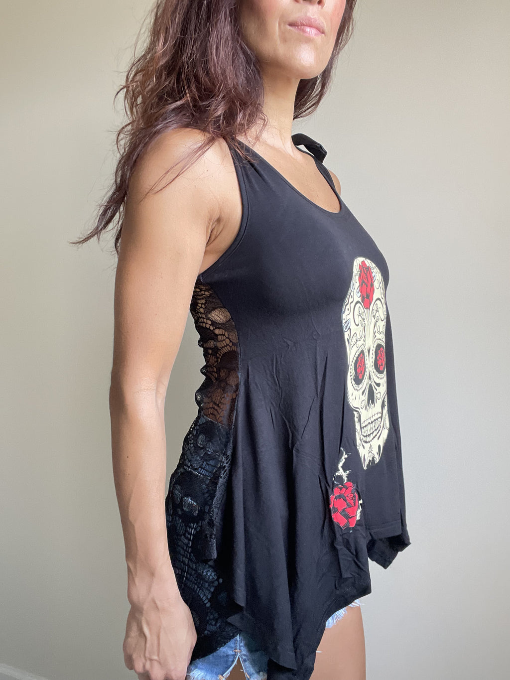 Sugar Skull and roses Black skull Lace Flowy Tank top - Skelapparel
