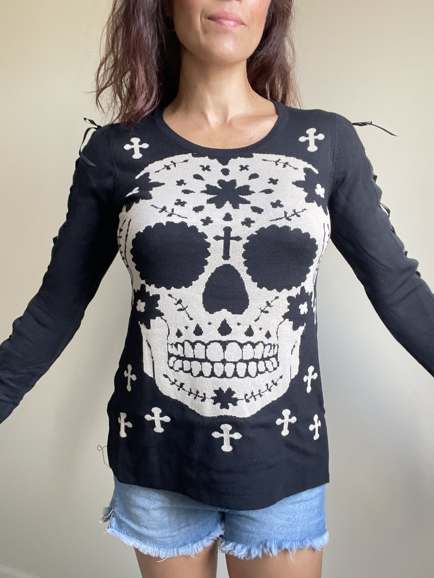 Mexican Sugar Skull & Cross Knit Sweater with Lace-up Corset Sleeves