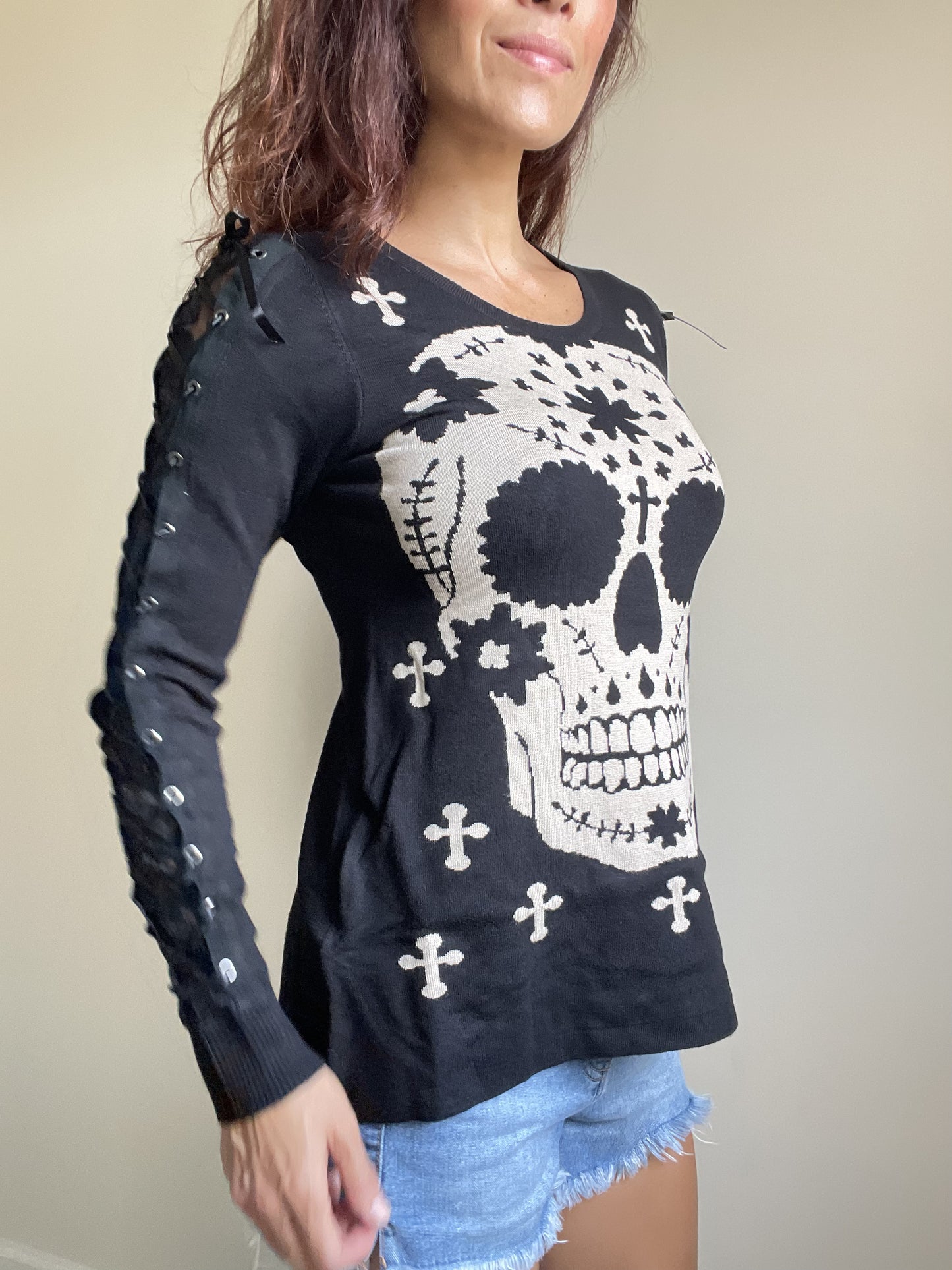 Mexican Sugar Skull & Cross Knit Sweater with Lace-up Corset Sleeves