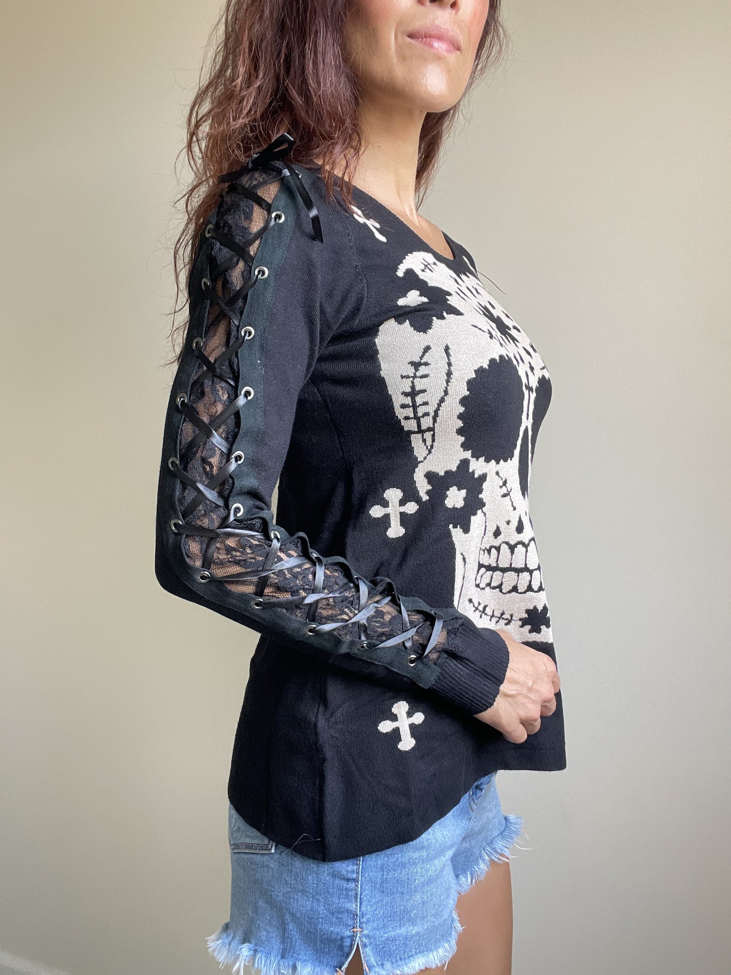 Mexican Sugar Skull & Cross Knit Sweater with Lace-up Corset Sleeves