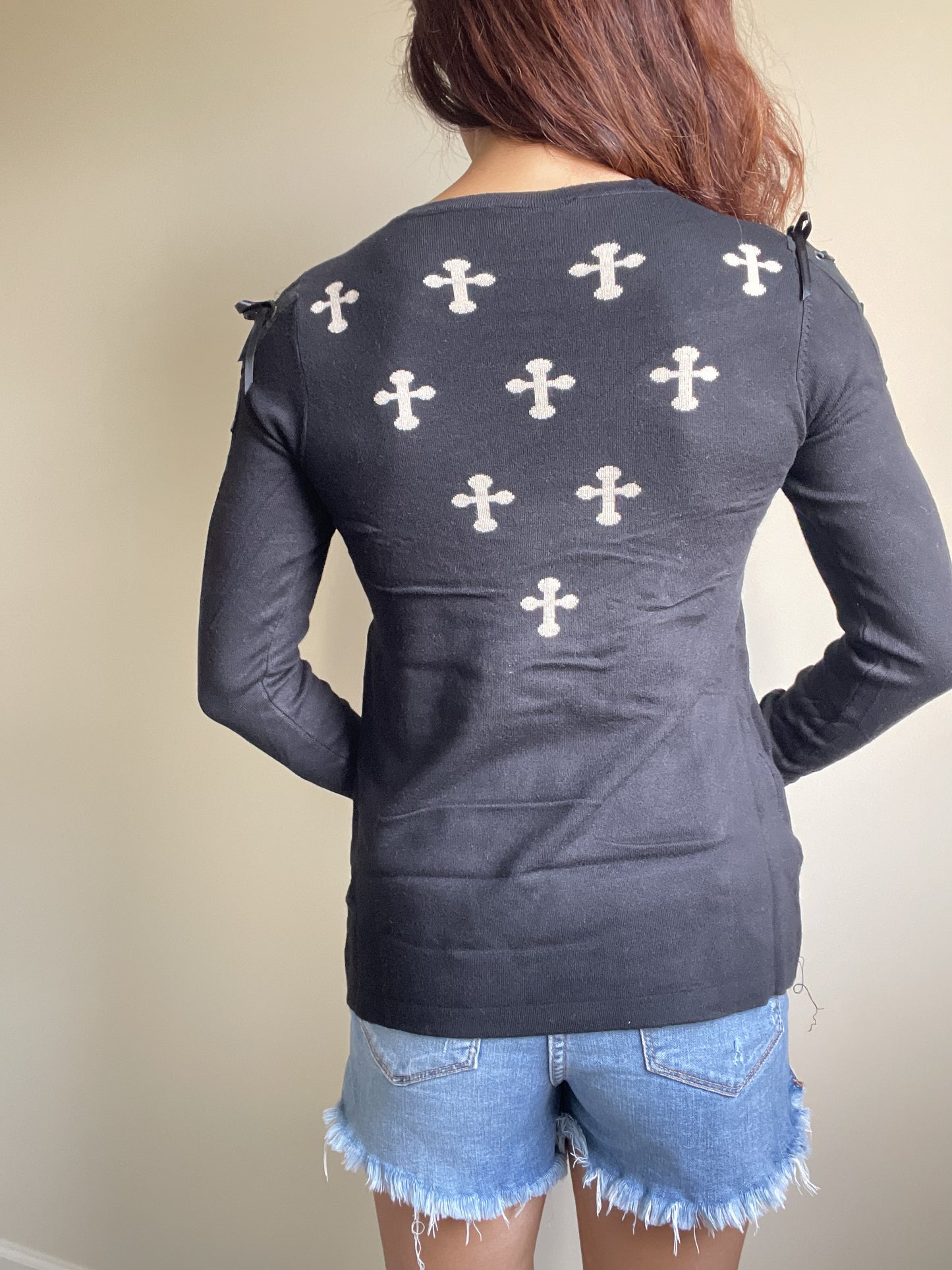 Mexican Sugar Skull & Cross Knit Sweater with Lace-up Corset Sleeves