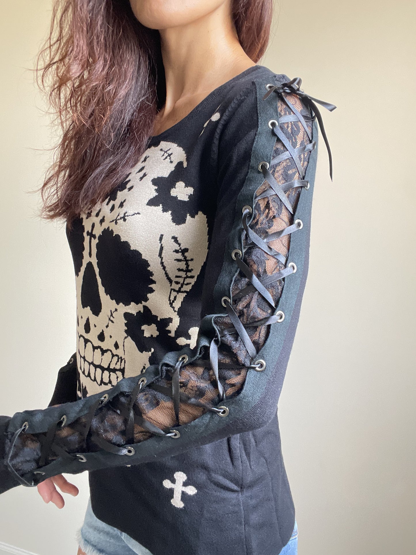 Mexican Sugar Skull & Cross Knit Sweater with Lace-up Corset Sleeves