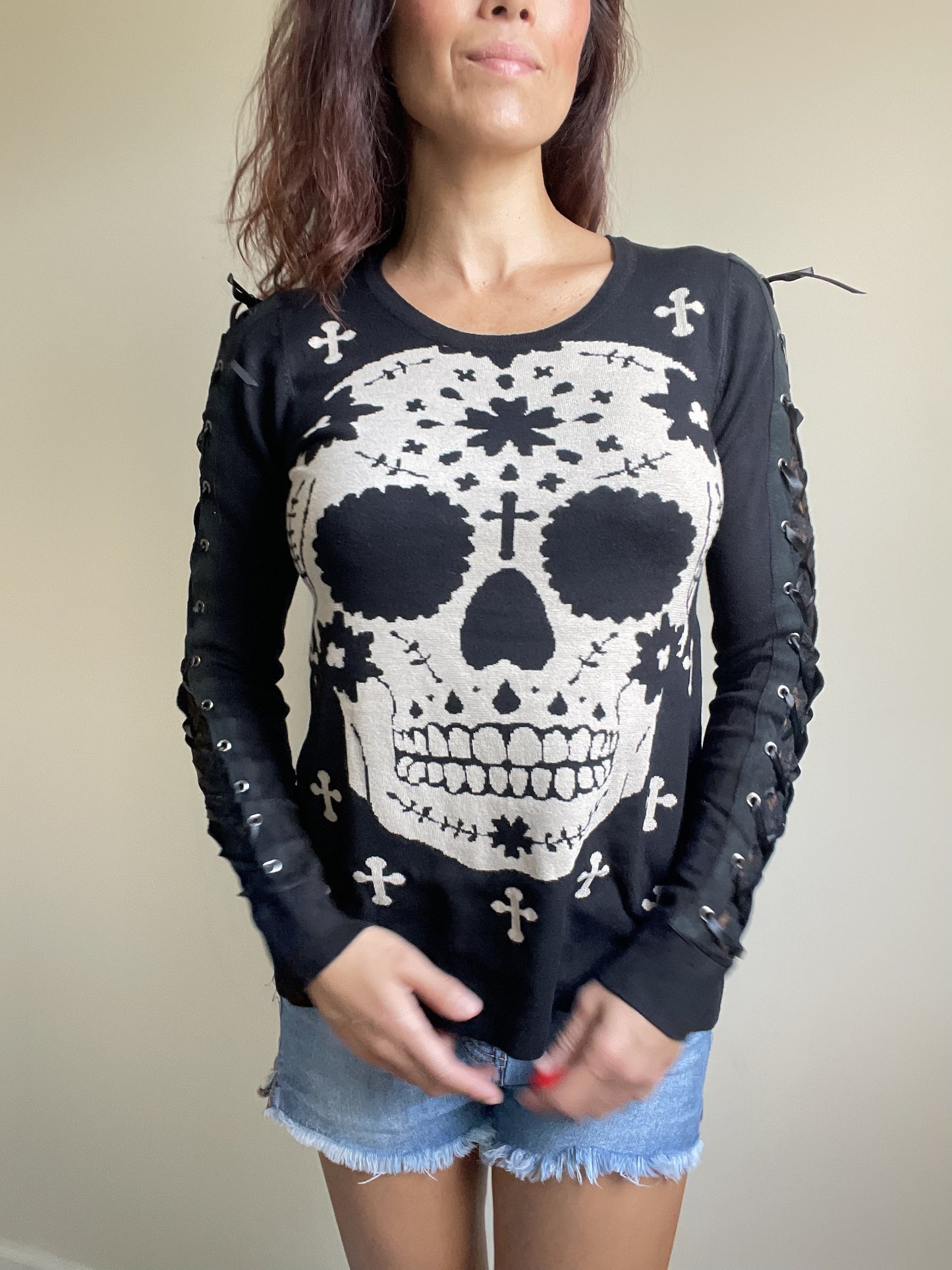 Mexican Sugar Skull & Cross Knit Sweater with Lace-up Corset Sleeves