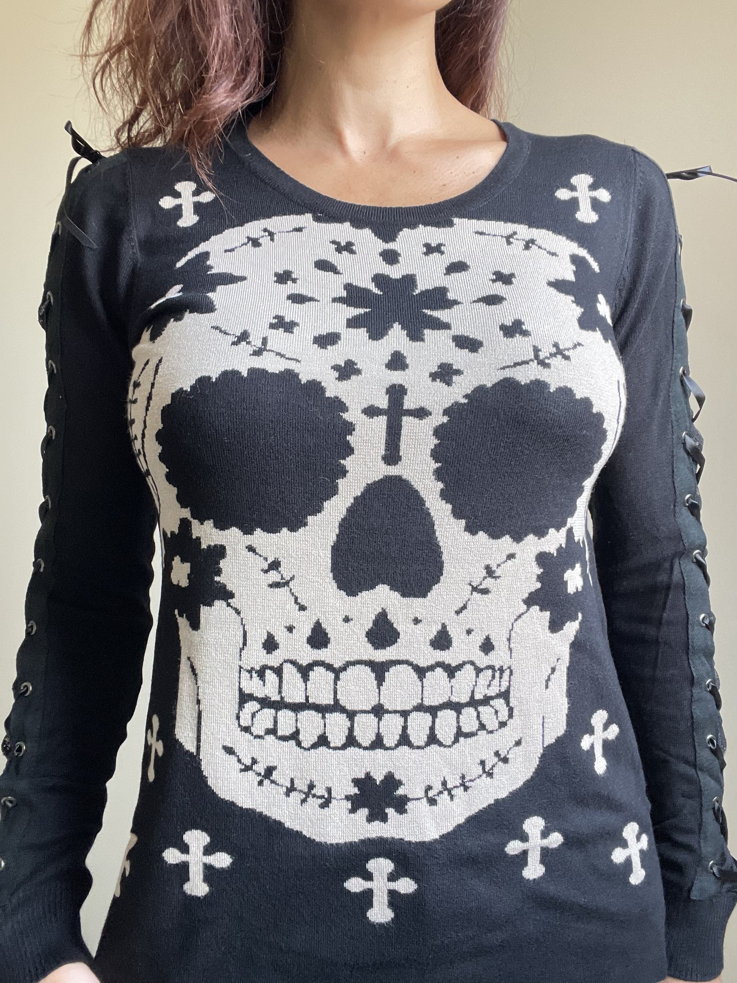 Mexican Sugar Skull & Cross Knit Sweater with Lace-up Corset Sleeves
