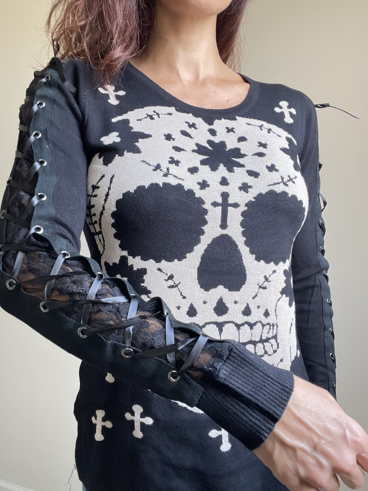 Mexican Sugar Skull & Cross Knit Sweater with Lace-up Corset Sleeves