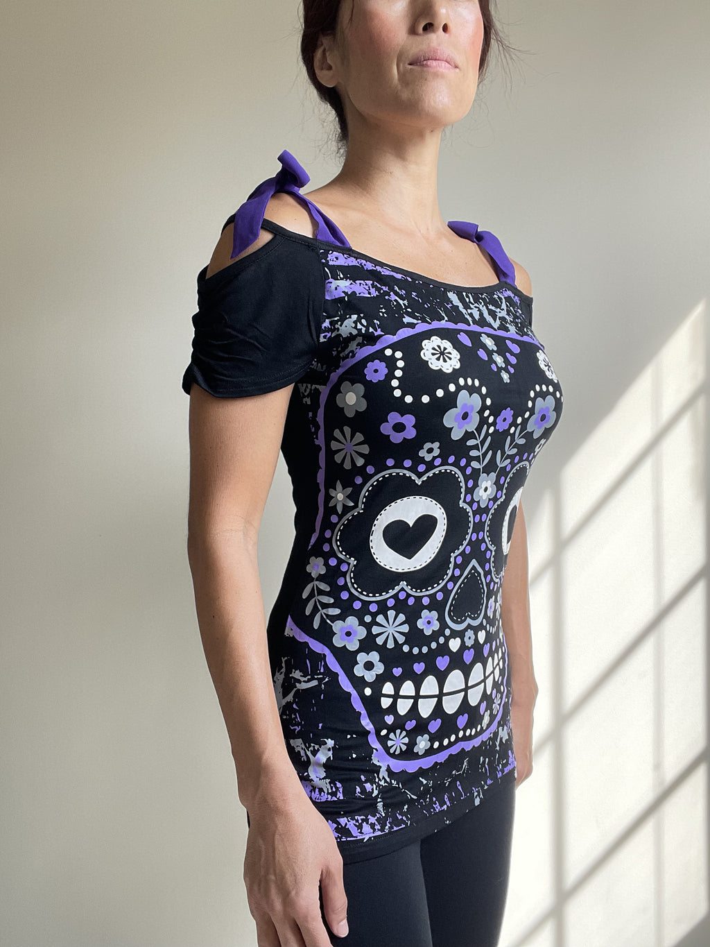 Banned Apparel Purple Candy Flower Sugar Skull Bow Tie Shoulder Straps Top