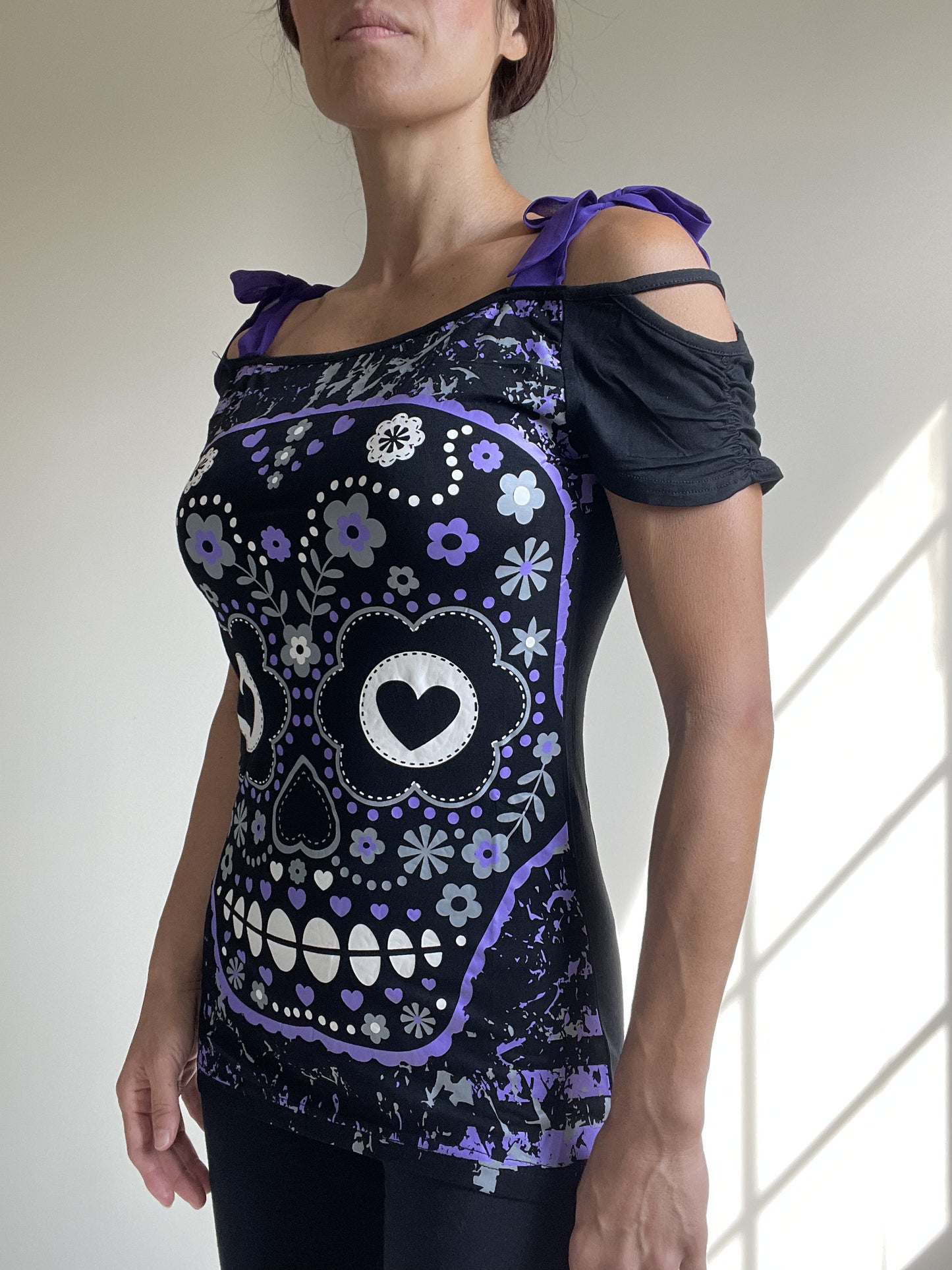 Banned Apparel Purple Candy Flower Sugar Skull Bow Tie Shoulder Straps Top