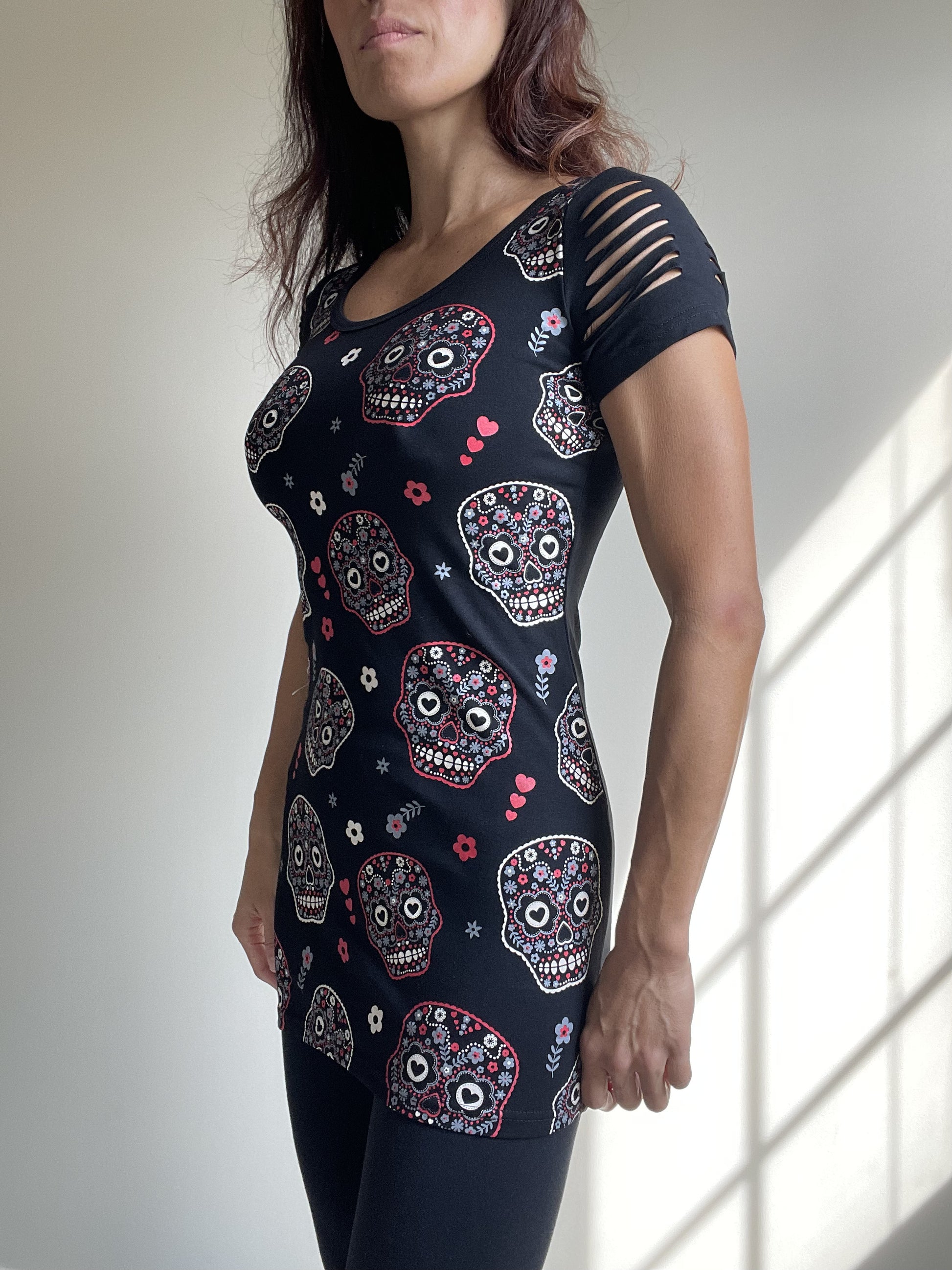 Banned Apparel Day of the Dead Flower Sugar Skull Allover Cut Out Shoulder Top - Skelapparel