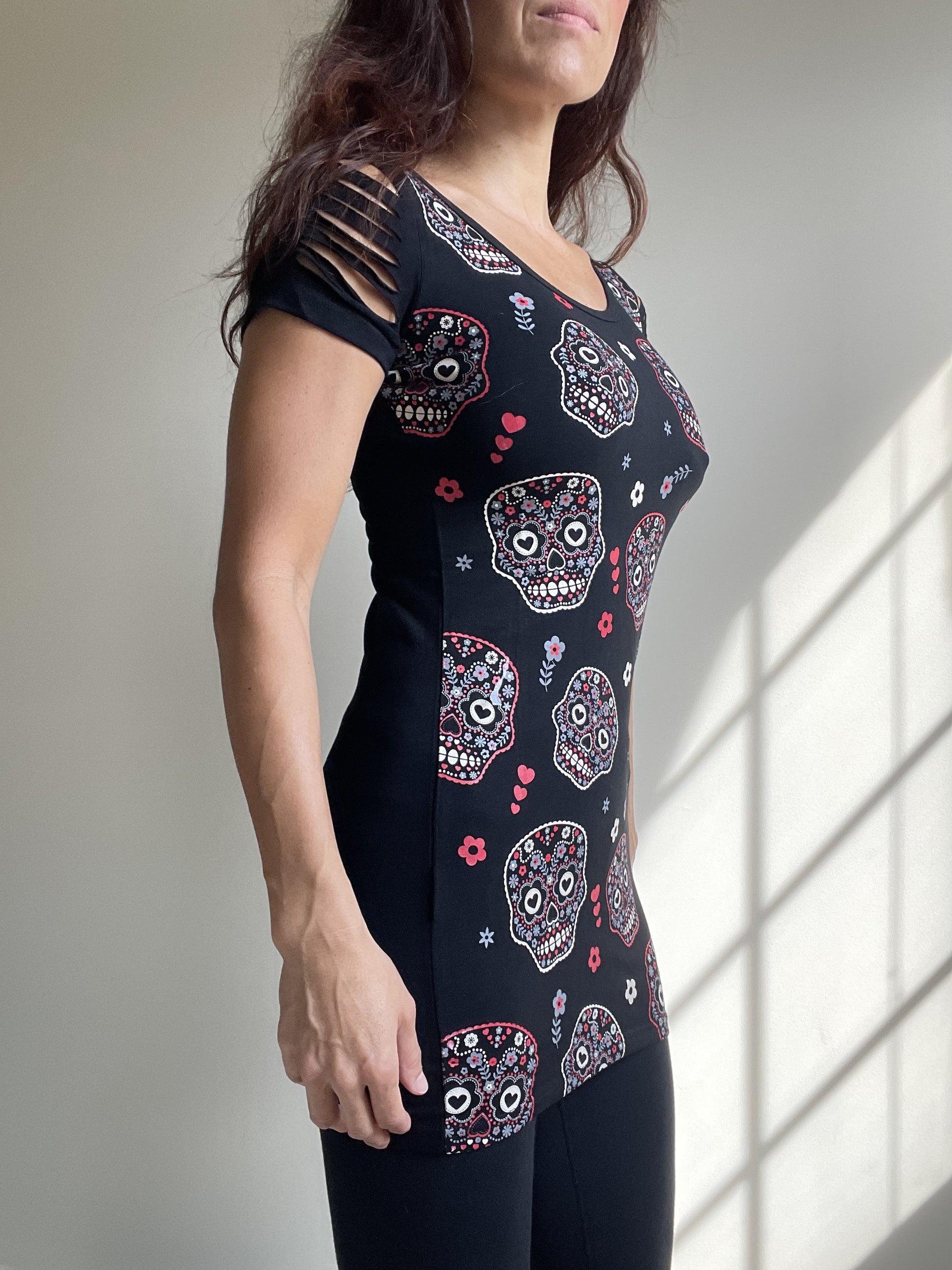 Banned Apparel Day of the Dead Flower Sugar Skull Allover Cut Out Shoulder Top - Skelapparel