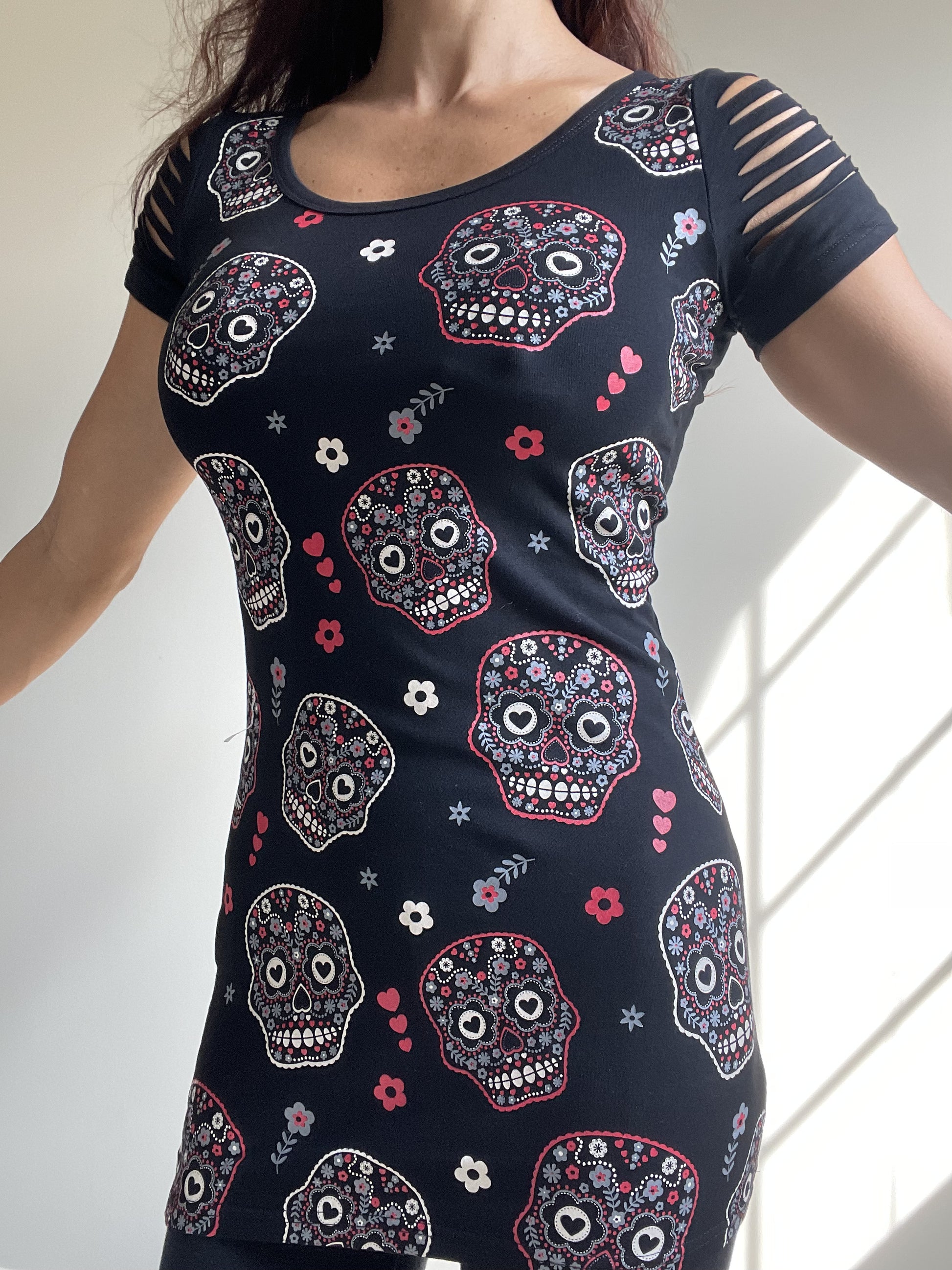Banned Apparel Day of the Dead Flower Sugar Skull Allover Cut Out Shoulder Top - Skelapparel