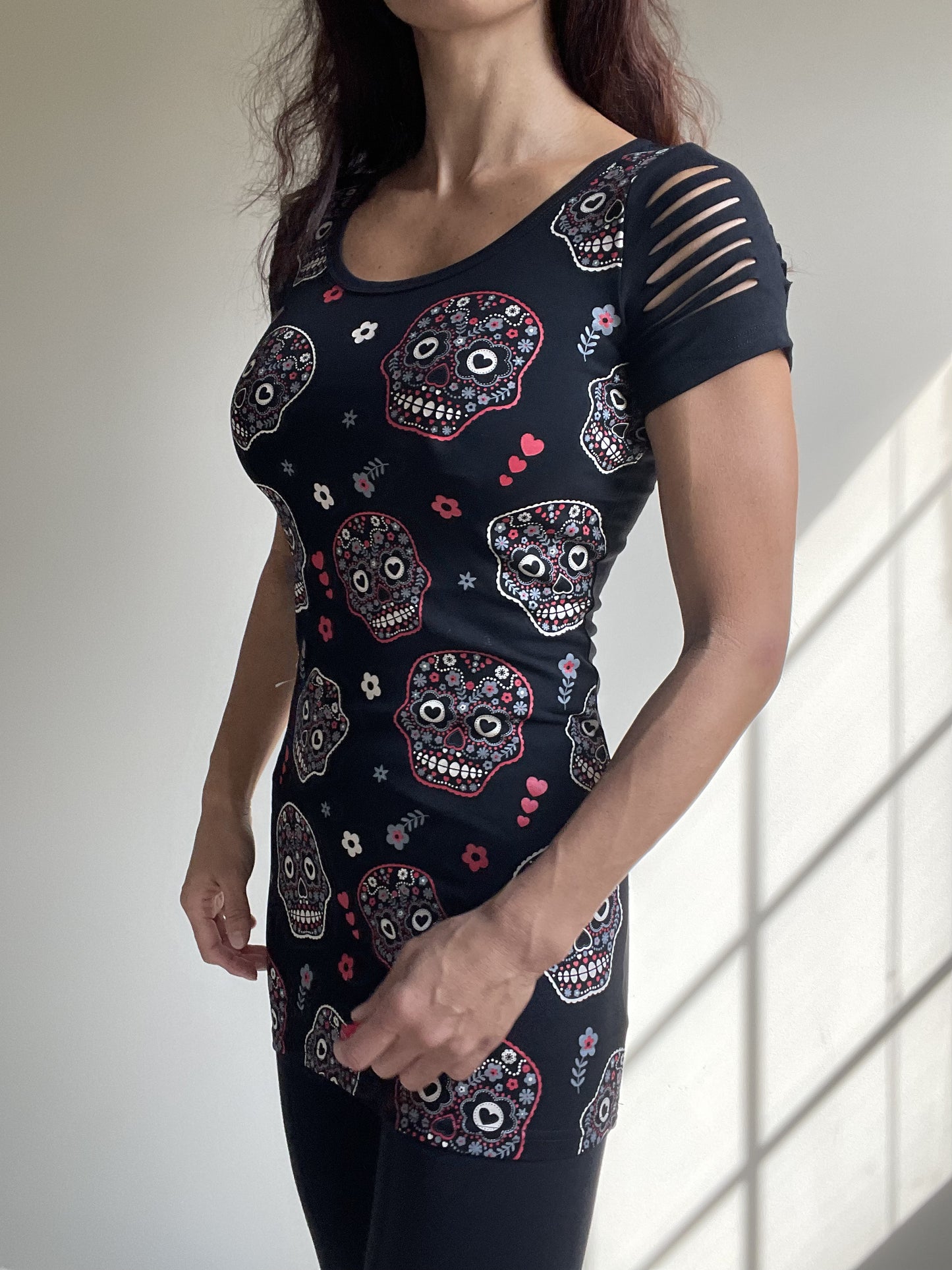 Banned Apparel Day of the Dead Flower Sugar Skull Allover Cut Out Shoulder Top - Skelapparel