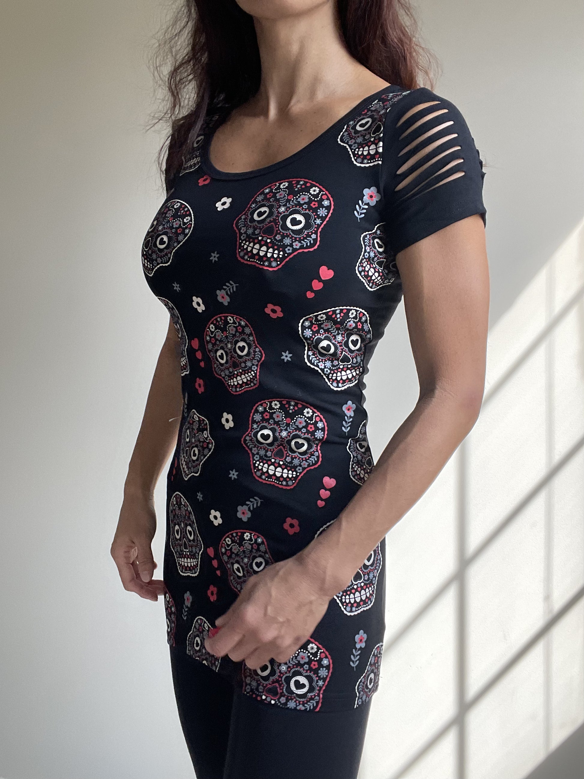 Banned Apparel Day of the Dead Flower Sugar Skull Allover Cut Out Shoulder Top - Skelapparel