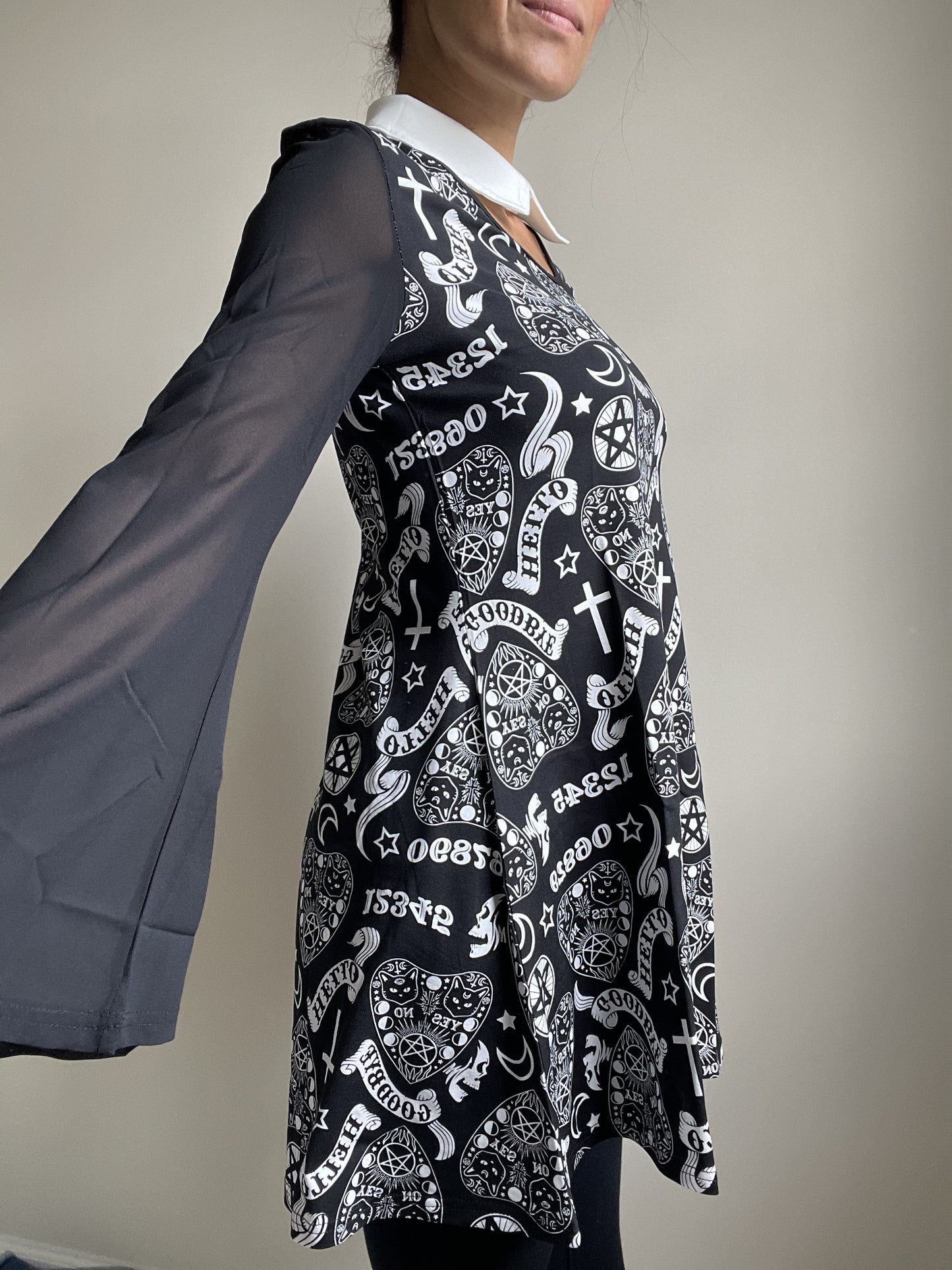 Witchy Moon Ouija Planchette Kitty Black Chiffon Sleeves with White Collar Mini Dress