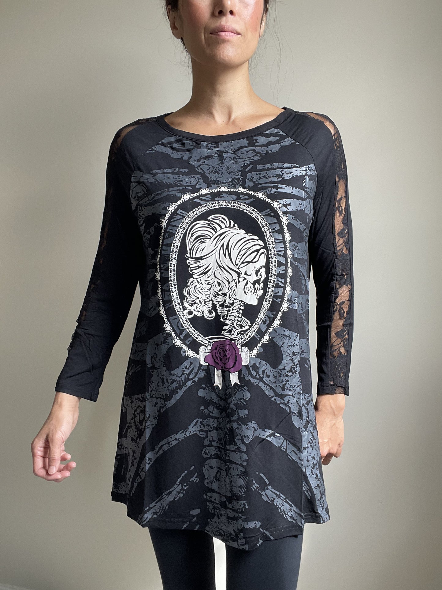 Lost Queen Gothic Skeleton Ribcage with Skull Lady Print Flared Long Sleeve Top - Skelapparel