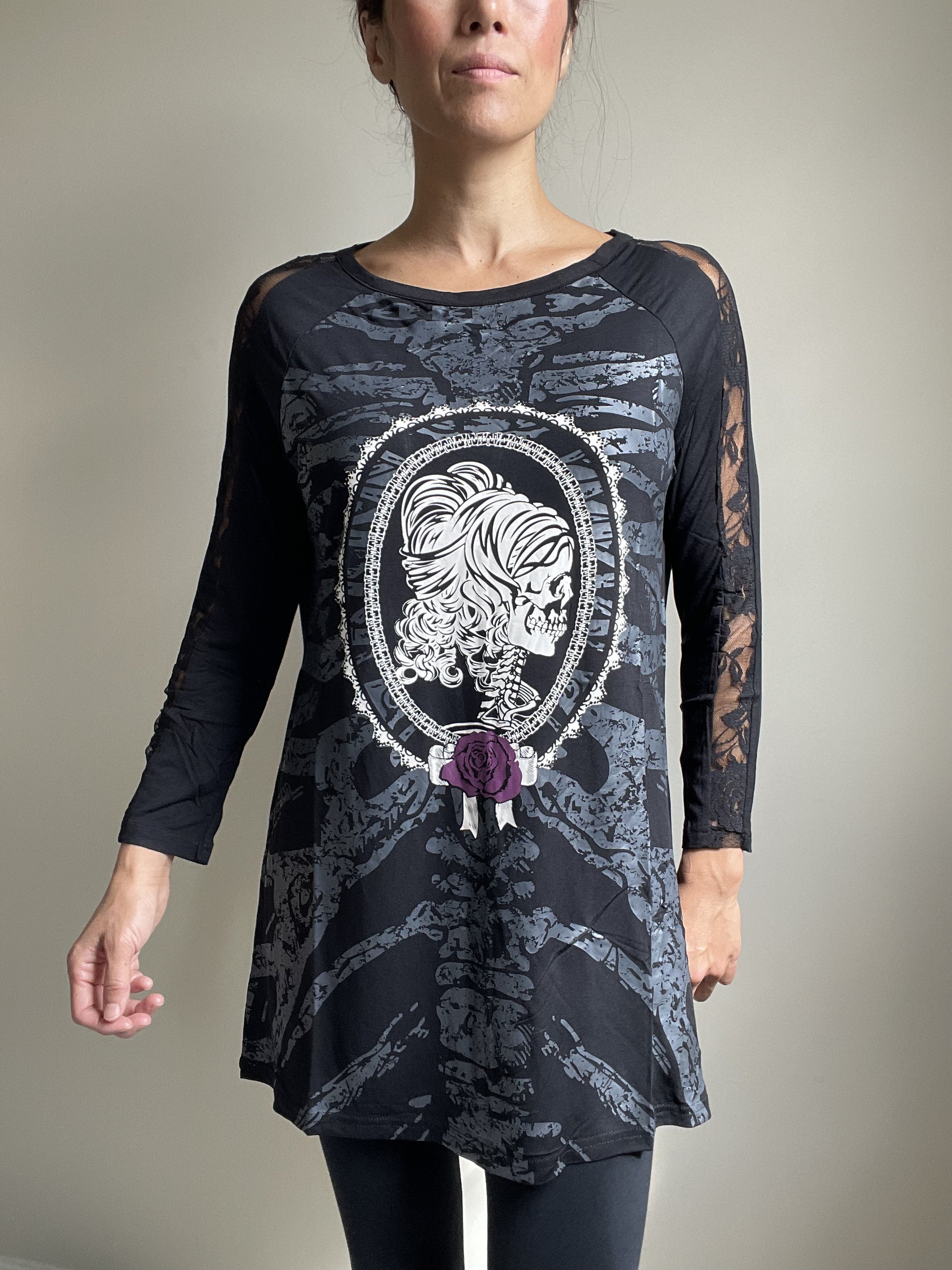 Lost Queen Gothic Skeleton Ribcage with Skull Lady Print Flared Long Sleeve Top - Skelapparel