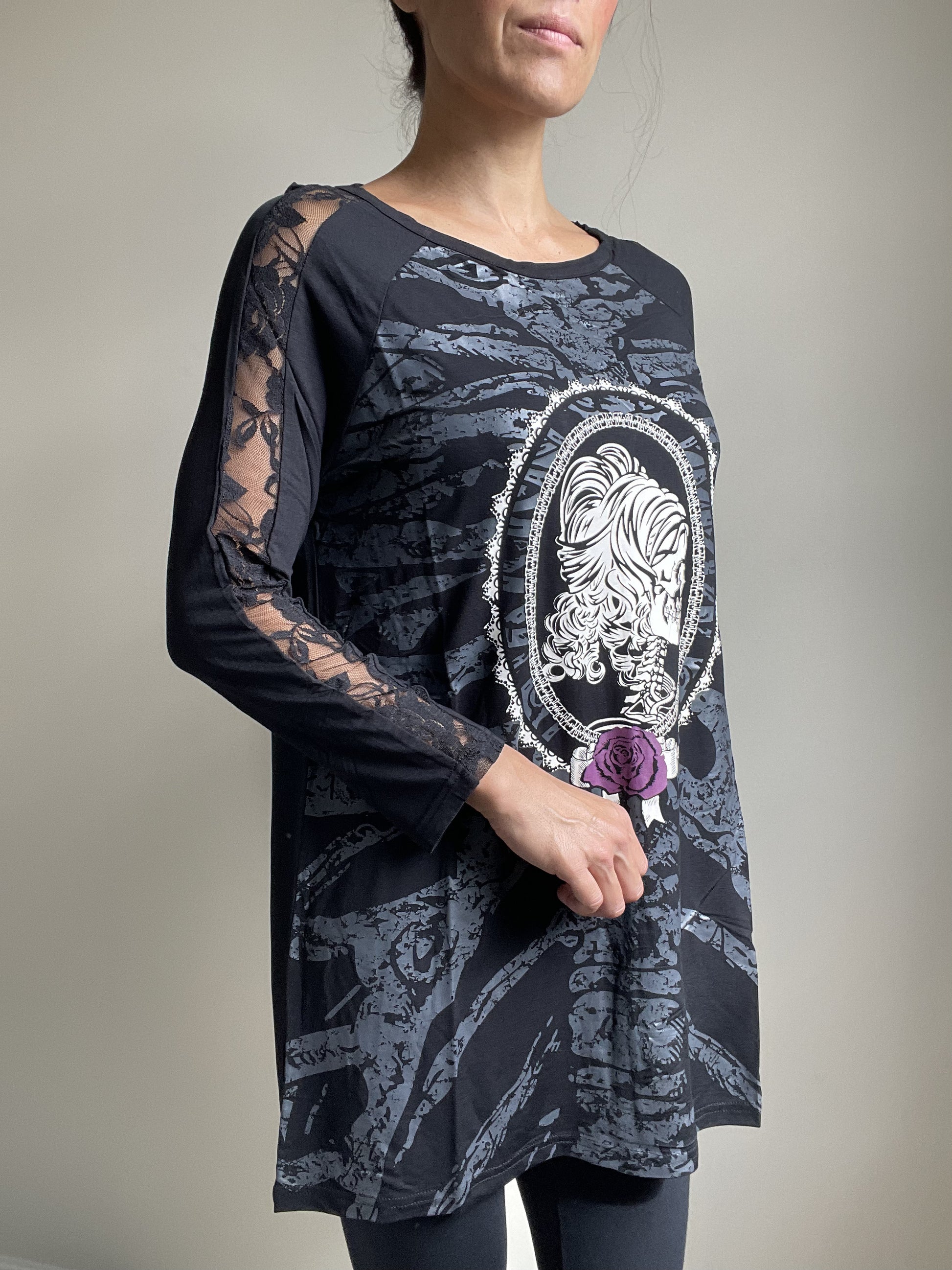 Lost Queen Gothic Skeleton Ribcage with Skull Lady Print Flared Long Sleeve Top - Skelapparel