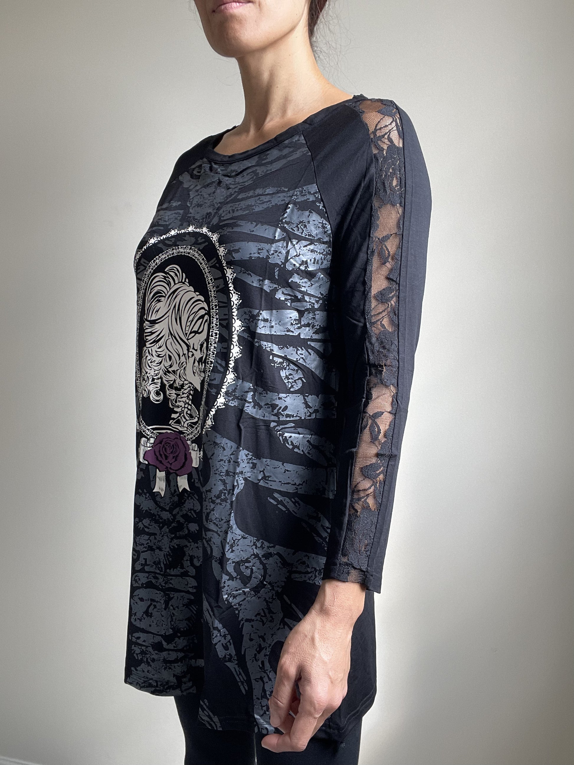 Lost Queen Gothic Skeleton Ribcage with Skull Lady Print Flared Long Sleeve Top - Skelapparel