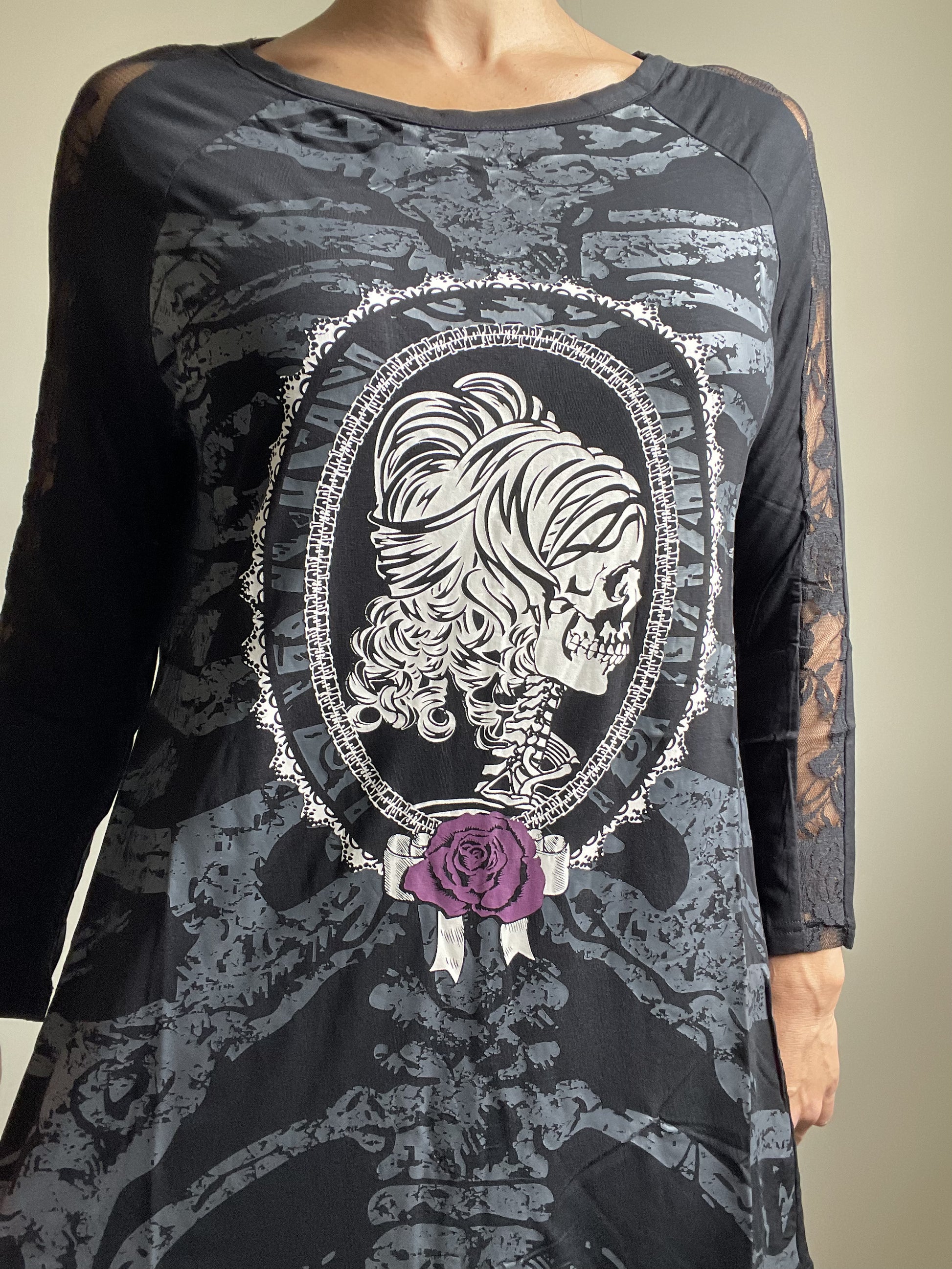 Lost Queen Gothic Skeleton Ribcage with Skull Lady Print Flared Long Sleeve Top - Skelapparel