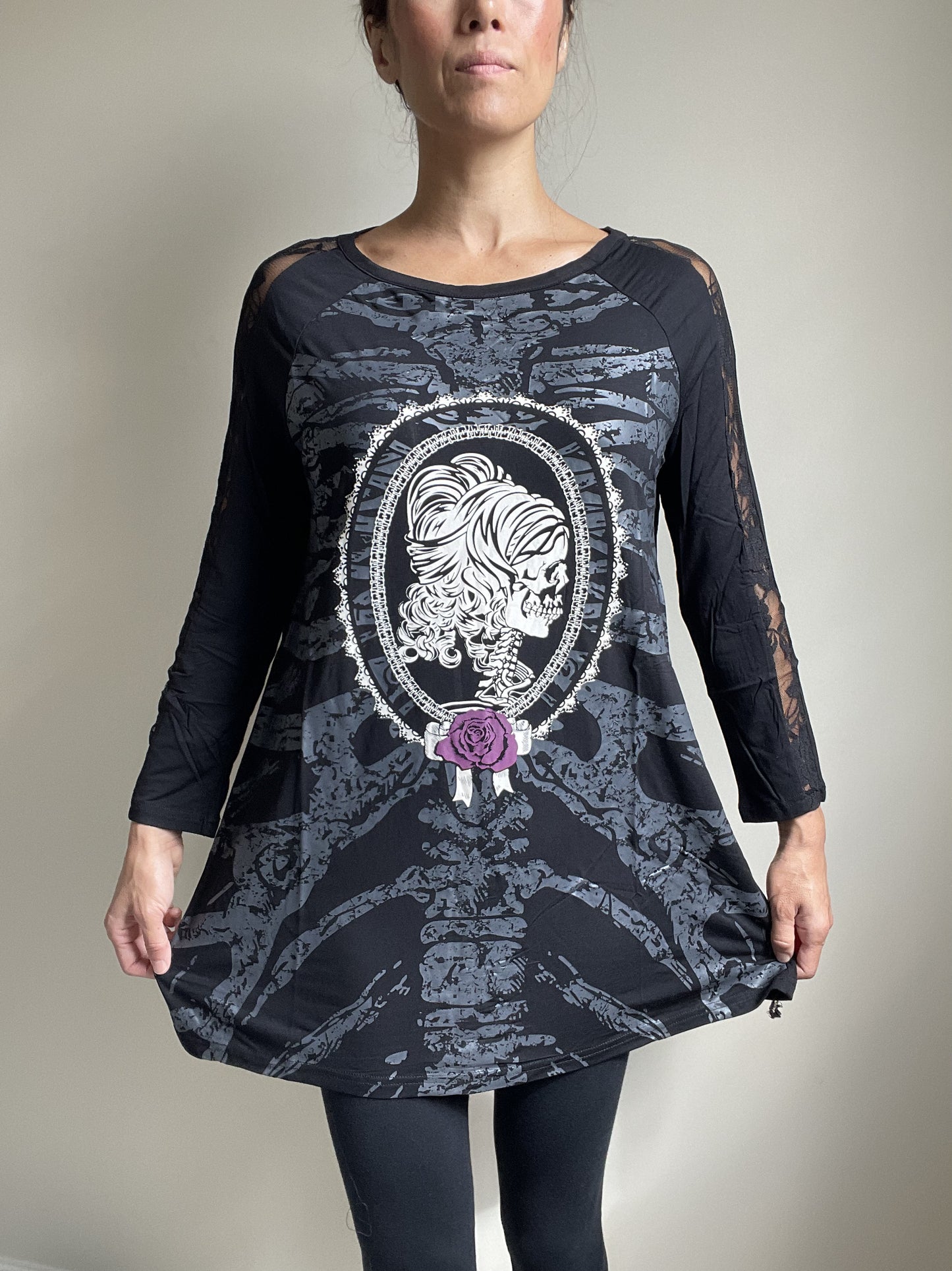 Lost Queen Gothic Skeleton Ribcage with Skull Lady Print Flared Long Sleeve Top - Skelapparel
