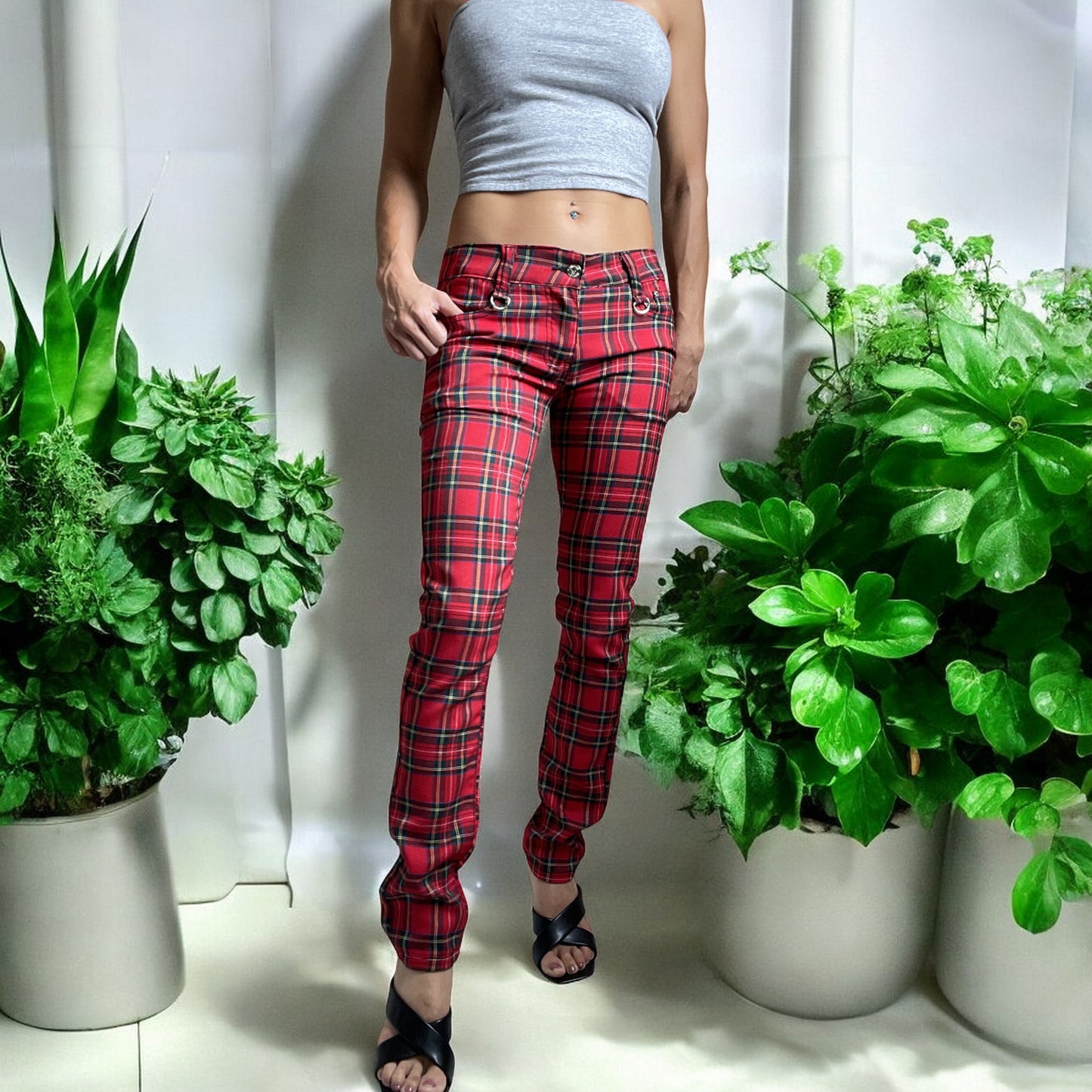 Lost Queen Women's Red Stewart Tartan Plaid 5 Pockets skinny Trouser