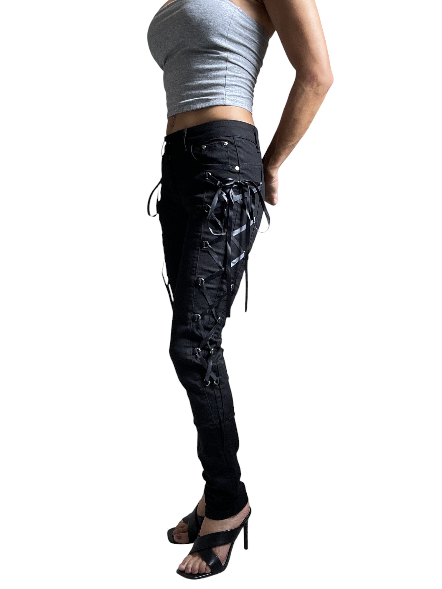 Lost Queen Women's Black Side Lace-up Skinny Jeans Pants - Lace up Skinny Jeans - Skelapparel