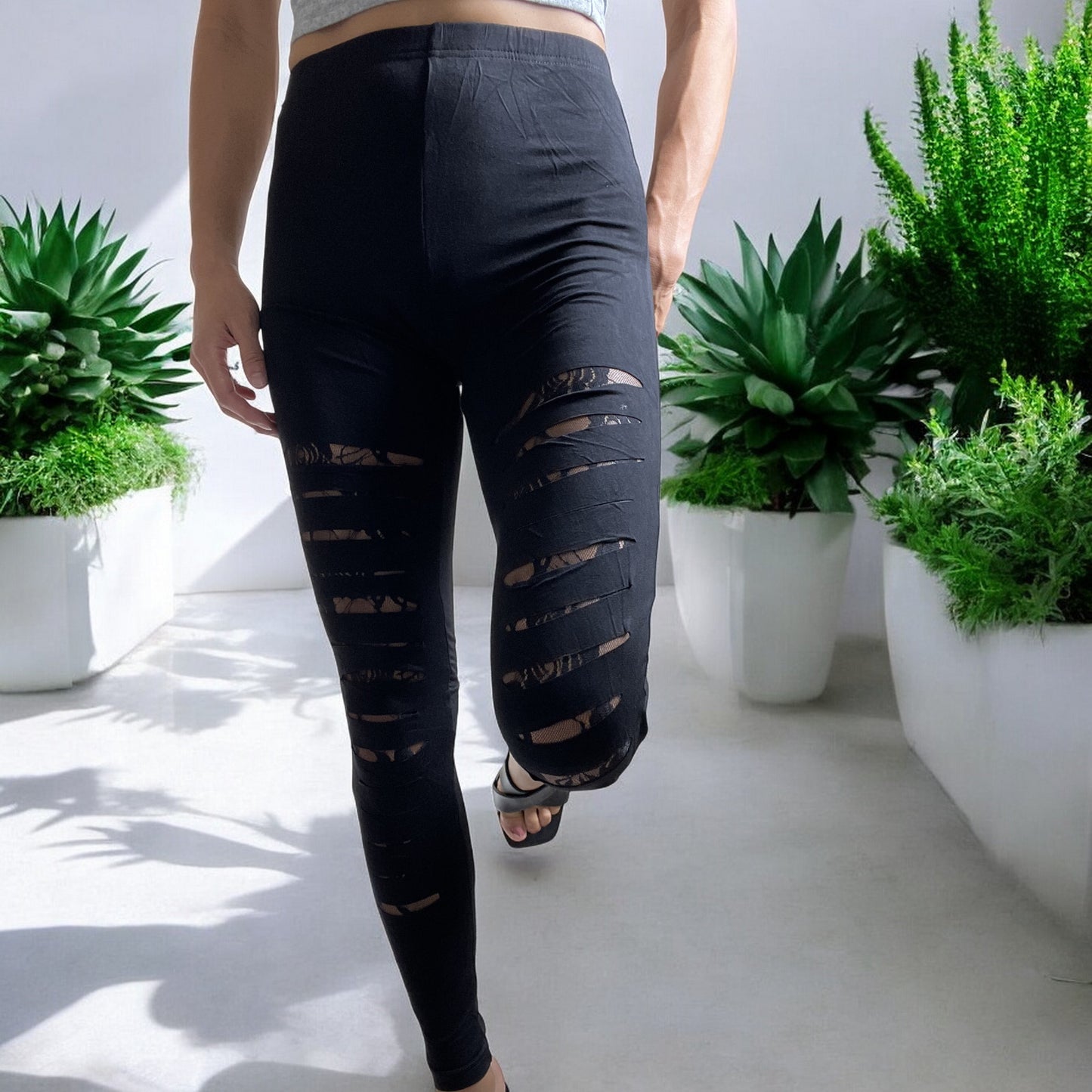 Rockabilly Gothic Cut up - Cut Out Sexy Ripped Look Black Leggings - Skelapparel