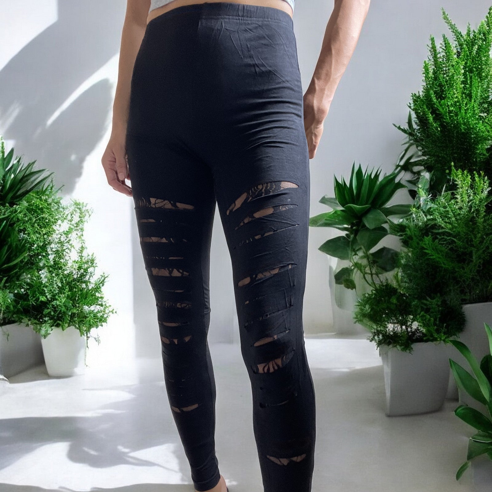 Rockabilly Gothic Cut up - Cut Out Sexy Ripped Look Black Leggings - Skelapparel