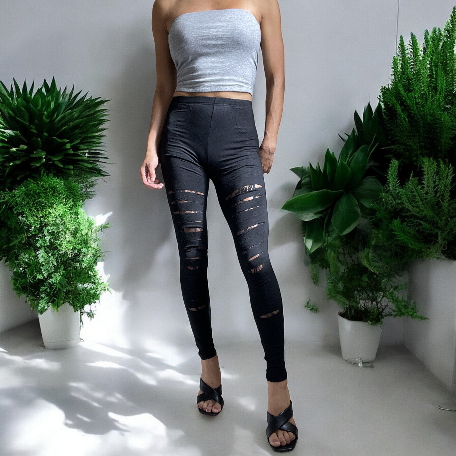 Rockabilly Gothic Cut up - Cut Out Sexy Ripped Look Black Leggings - Skelapparel