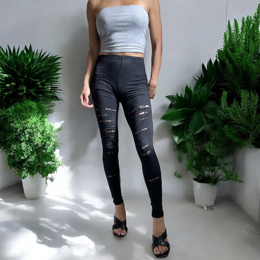 Rockabilly Gothic Cut up - Cut Out Sexy Ripped Look Black Leggings - Skelapparel