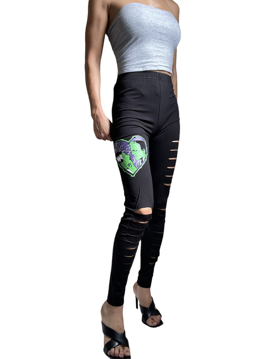 Lost Queen Made For Each Other Frankenstein and His Bride Cut Out Slashed Black Leggings