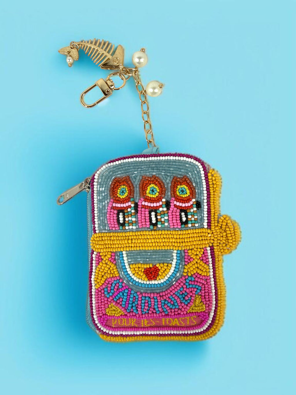 Blue Sardine Beaded Coin Purse Keychain — Handmade Seed Bead Bag Charm